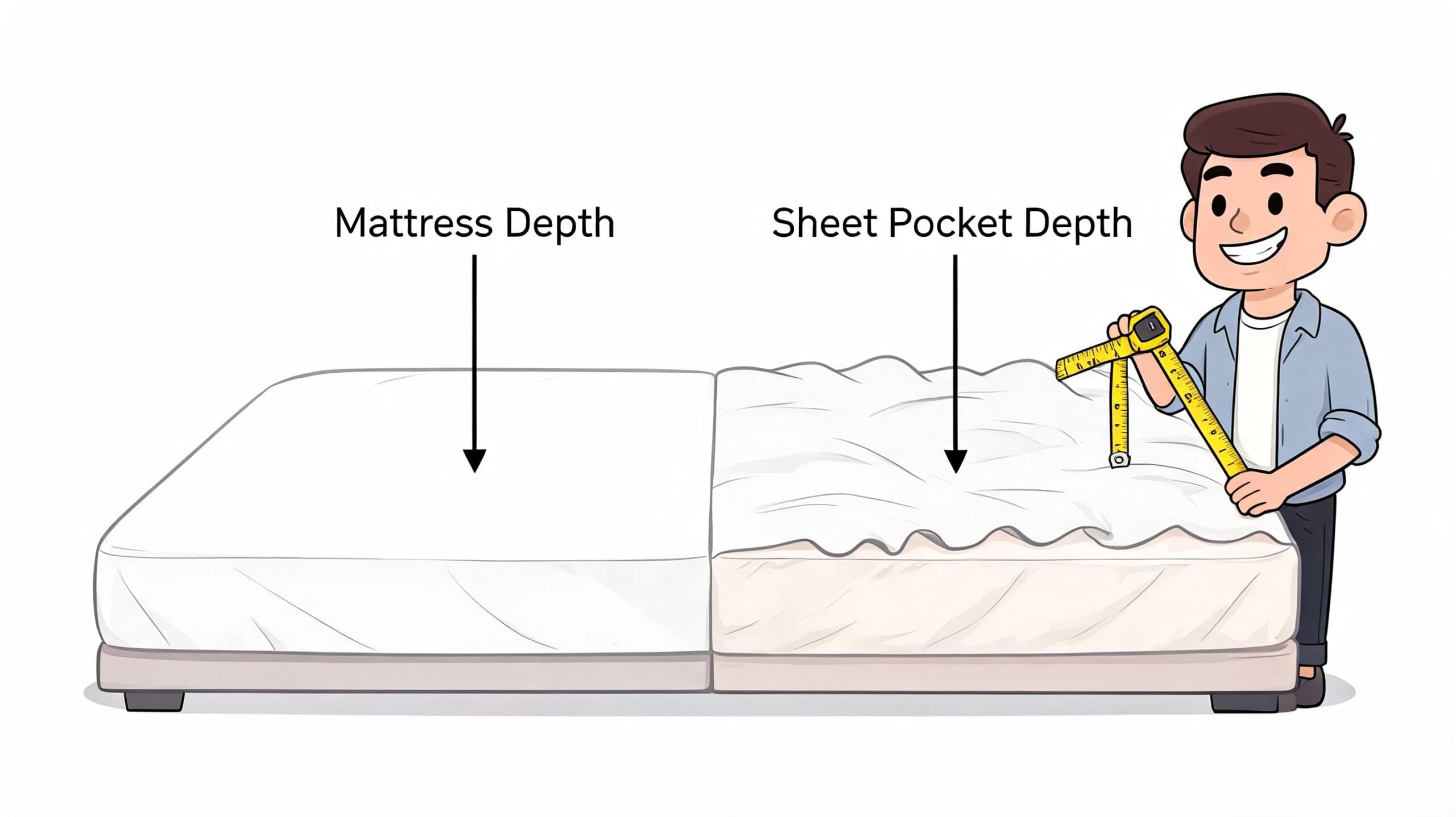 A friendly man measuring a mattress with a tape measure to determine the correct sheet pocket depth.