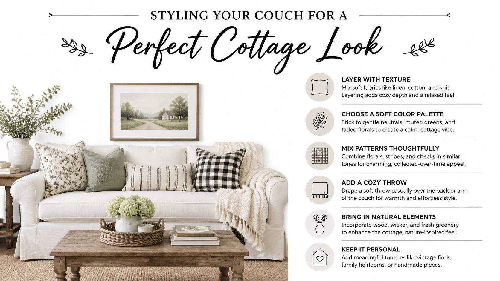A cozy white couch decorated with pillows and a throw blanket, demonstrating cottage style interior design tips.