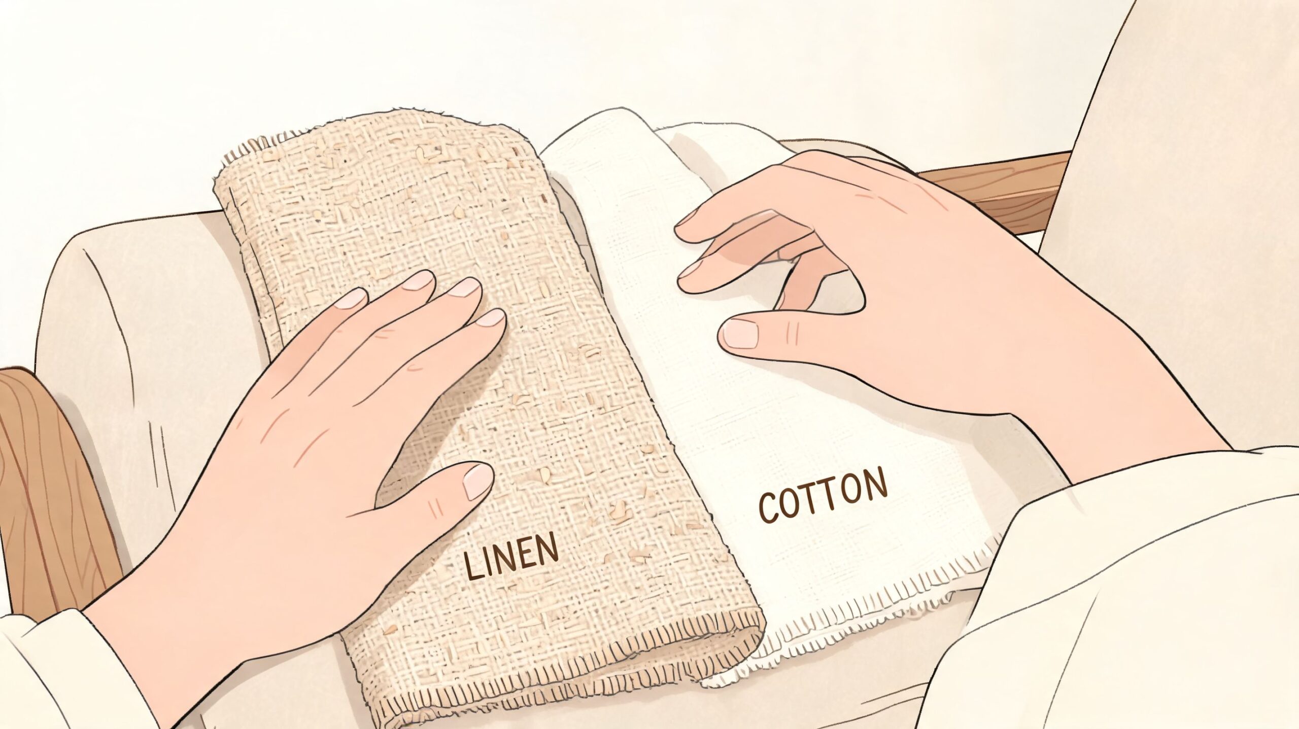 Close-up of hands comparing textured beige linen fabric and smooth white cotton material on a couch.
