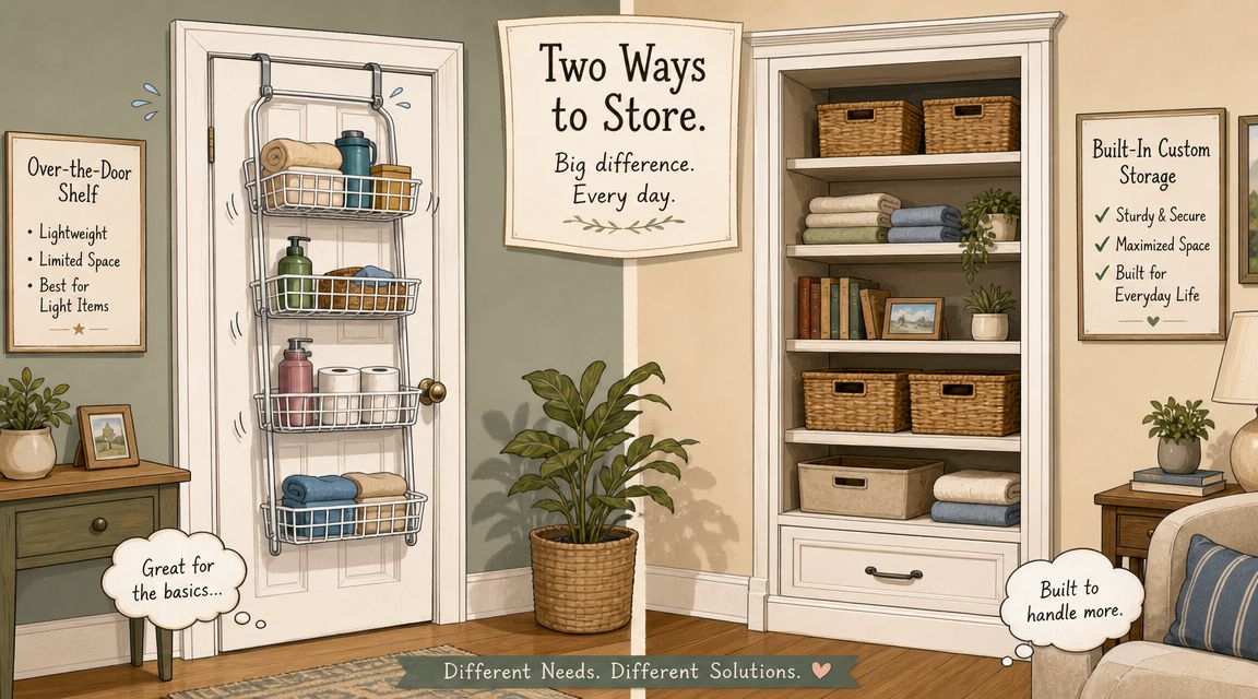 A comparison showing an over-the-door hanging shelf system beside a sturdy, built-in custom home storage shelving unit.