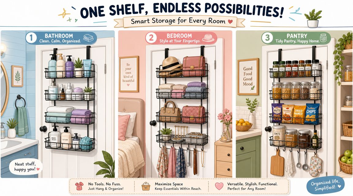 A three-panel illustration showing a versatile door-hanging shelf organizer used in a bathroom, bedroom, and pantry.