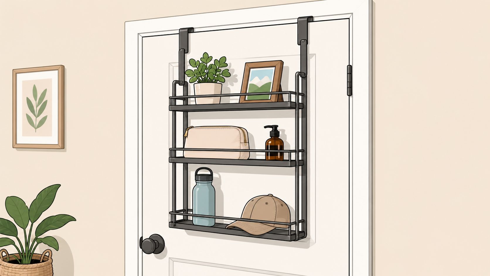 A black over-the-door hanging shelf unit attached to a white door holding various decorative and daily items.