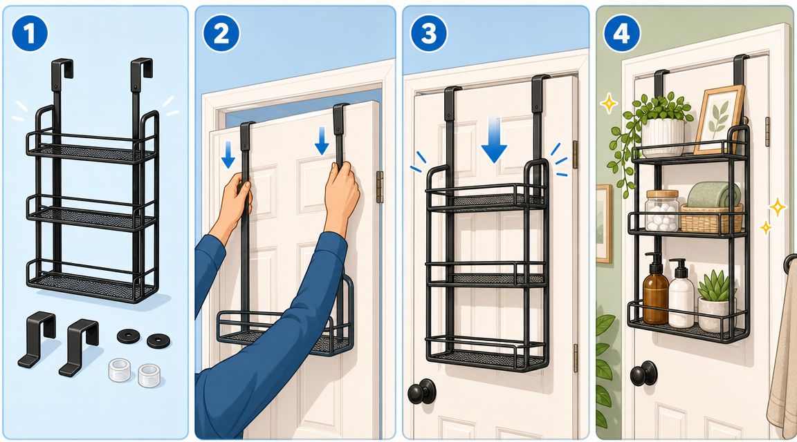 An instructional four-step illustration showing how to assemble and install a three-tier over-the-door storage rack.