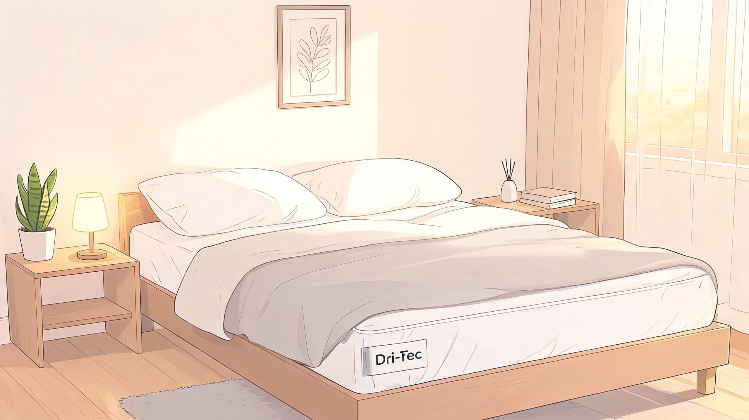 A cozy, minimalist bedroom featuring a comfortable bed with a Dri-Tec mattress protector in warm morning light.