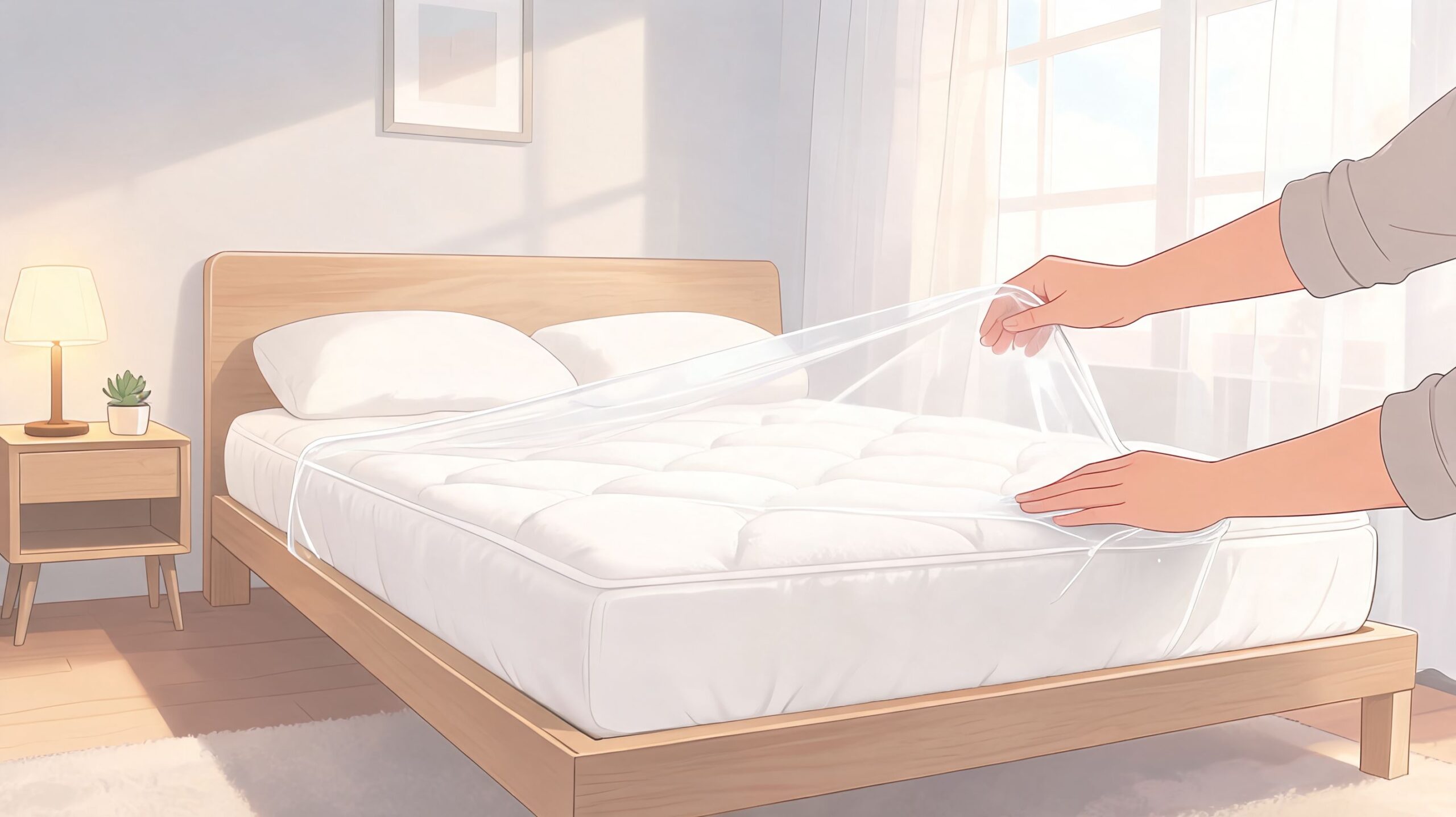 A person placing a clear plastic waterproof cover over a plush white mattress on a wooden bed frame.
