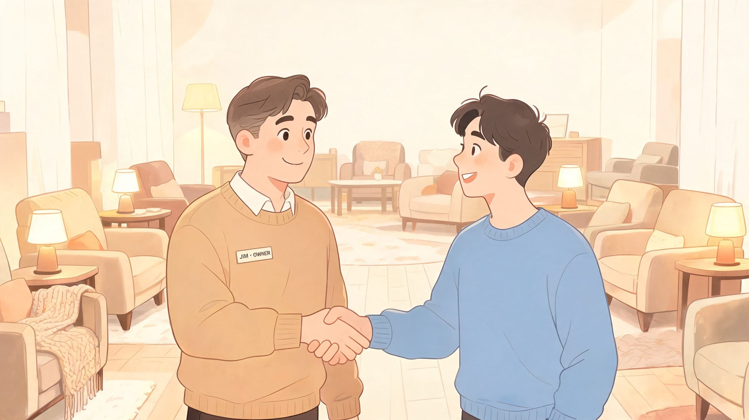 A friendly furniture store owner shaking hands with a young man in a cozy showroom.