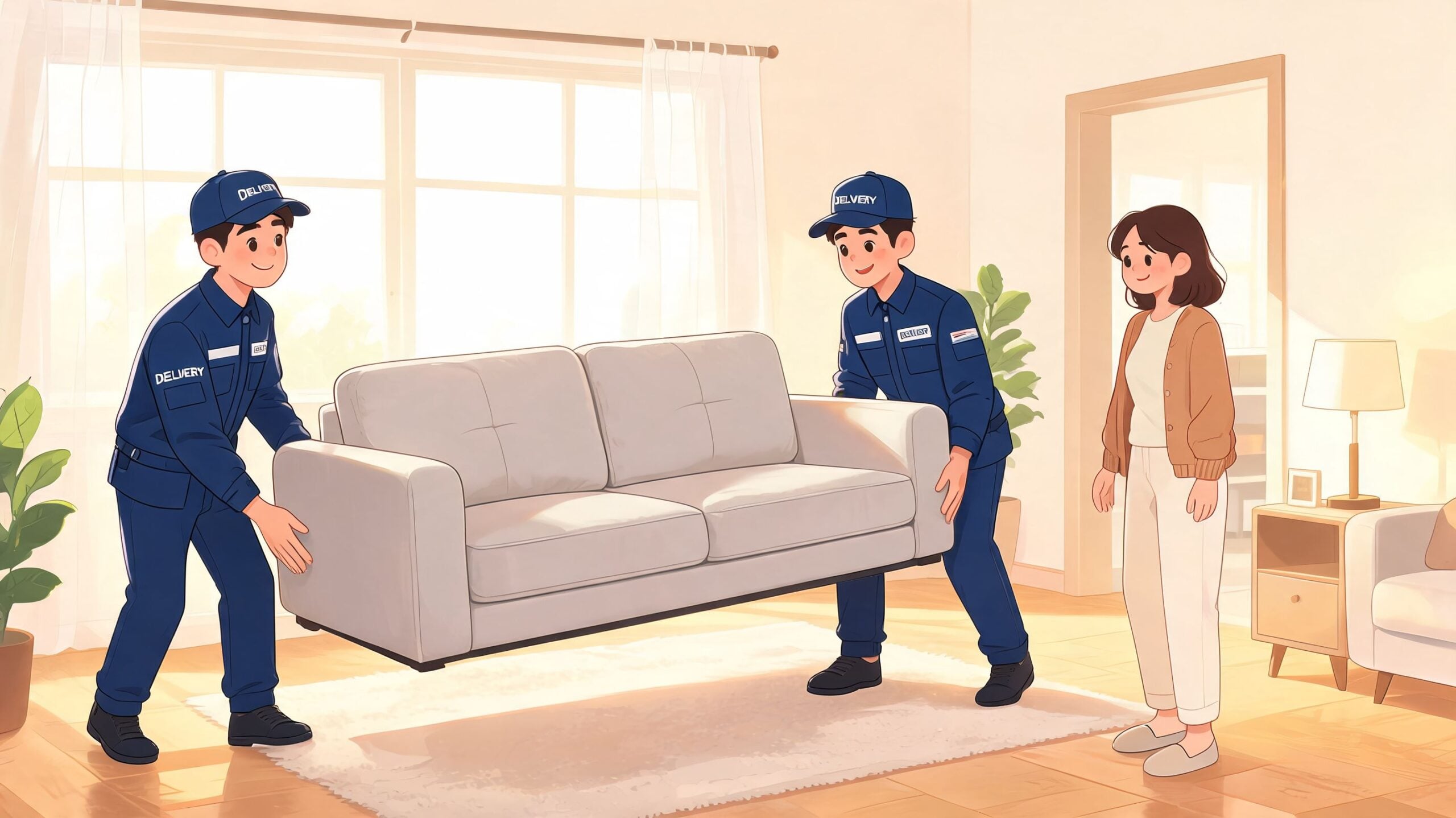 Two professional delivery workers helping a woman set up a new sofa in her bright living room.