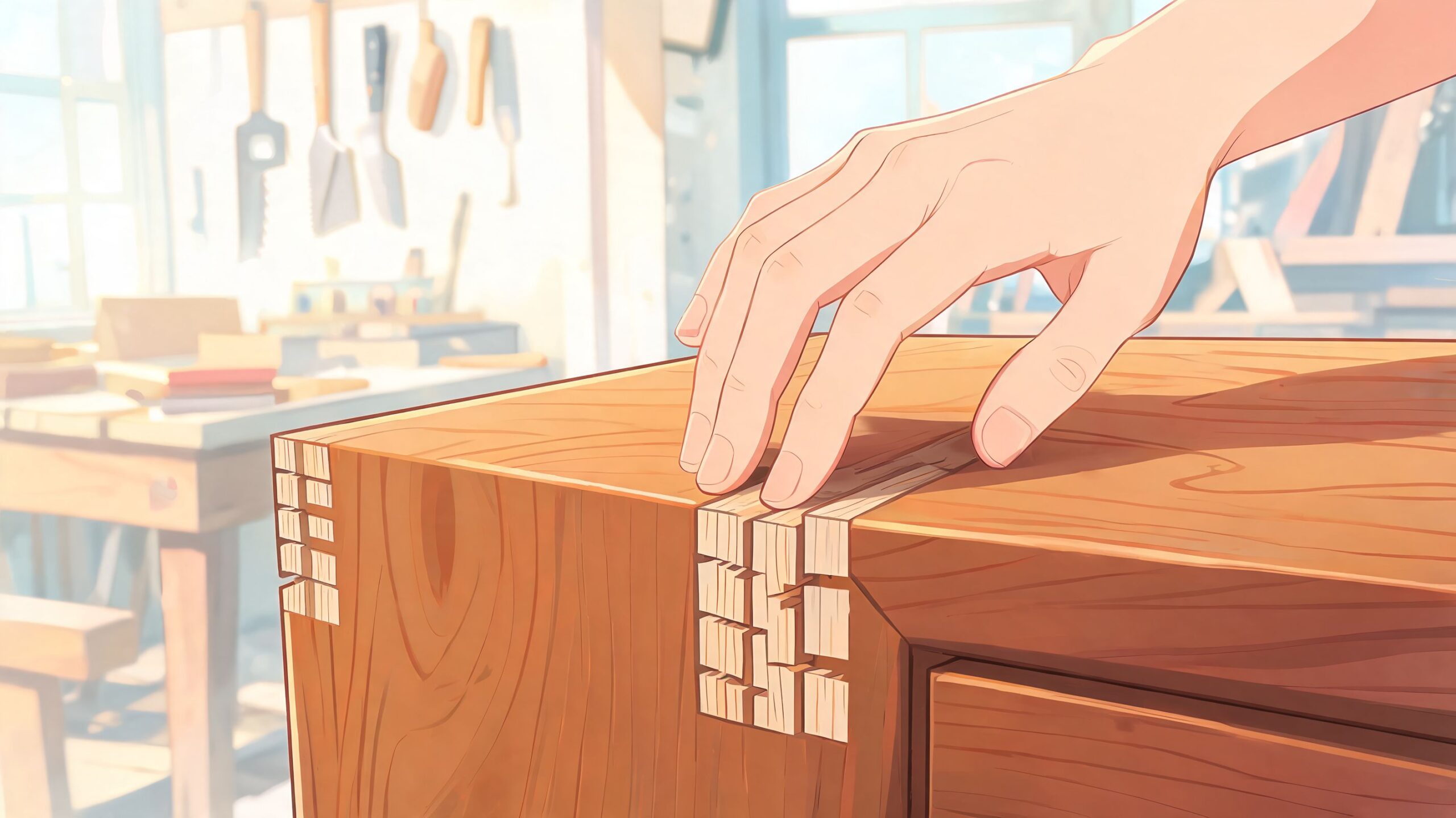 A close-up view of a hand touching the crafted wood joint of a piece of custom furniture.