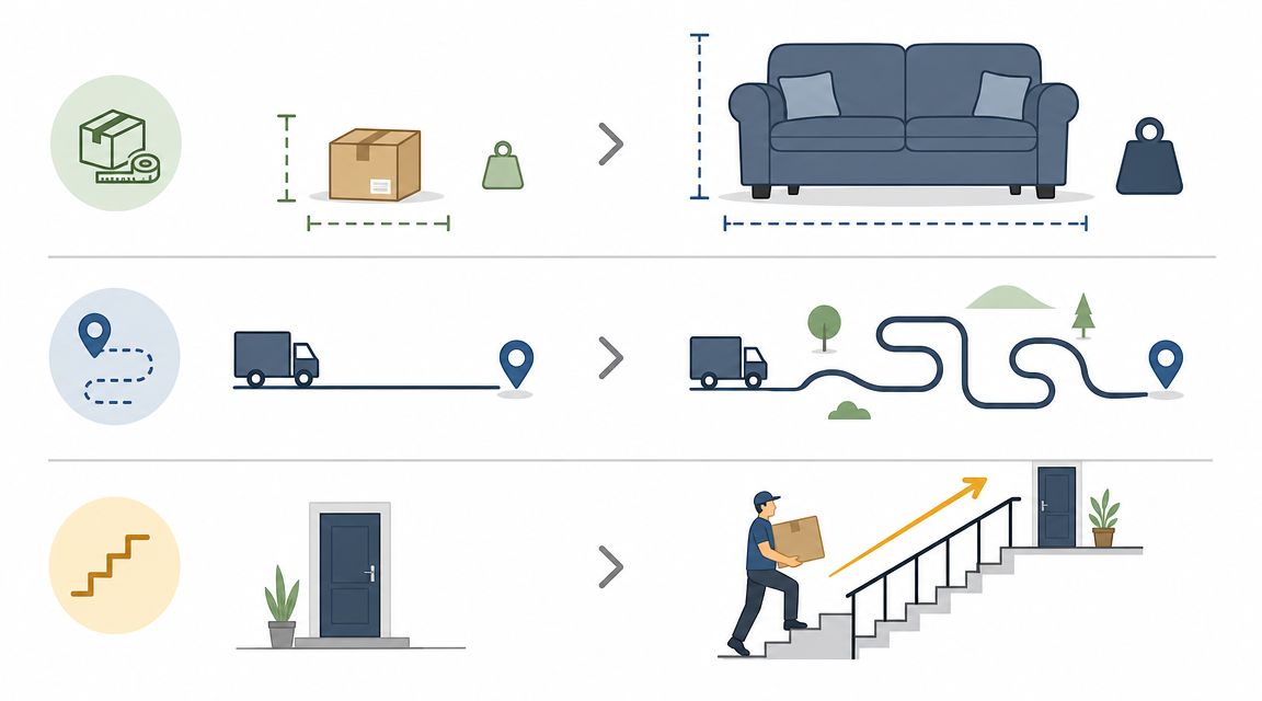An infographic illustrating factors affecting furniture delivery costs including size, weight, distance, and physical accessibility.