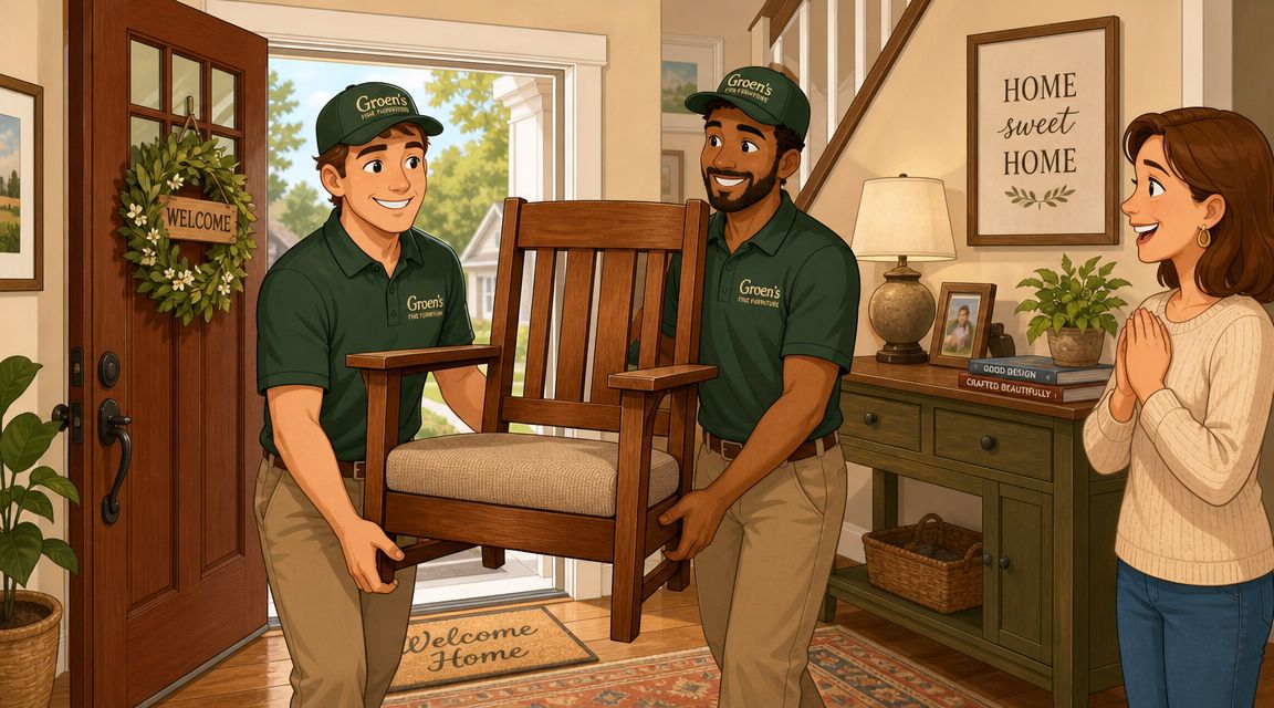 Two friendly furniture movers carrying a wooden armchair into a suburban home while a customer watches happily.