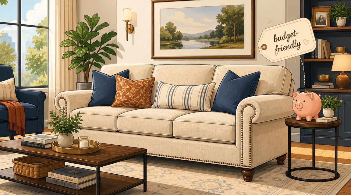 A cozy living room interior featuring a neutral beige sofa with decorative cushions and a piggy bank.