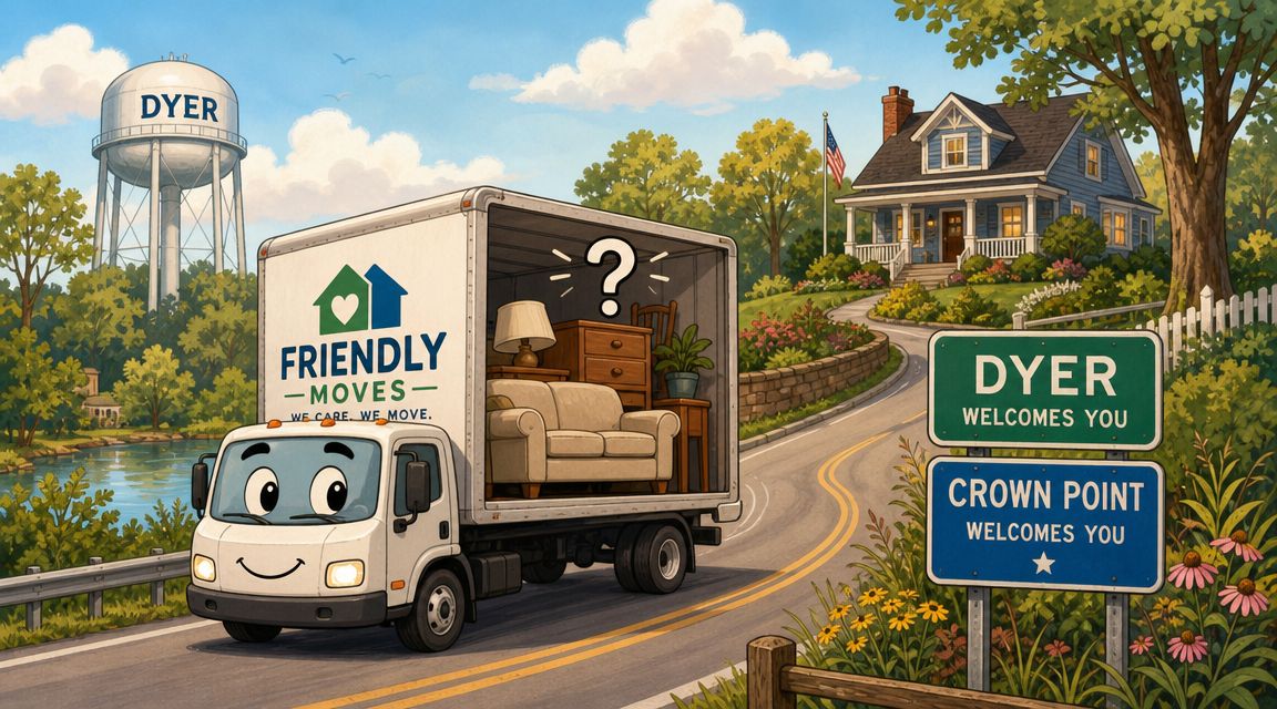 A friendly moving truck carrying furniture drives past a welcome sign for the town of Dyer.