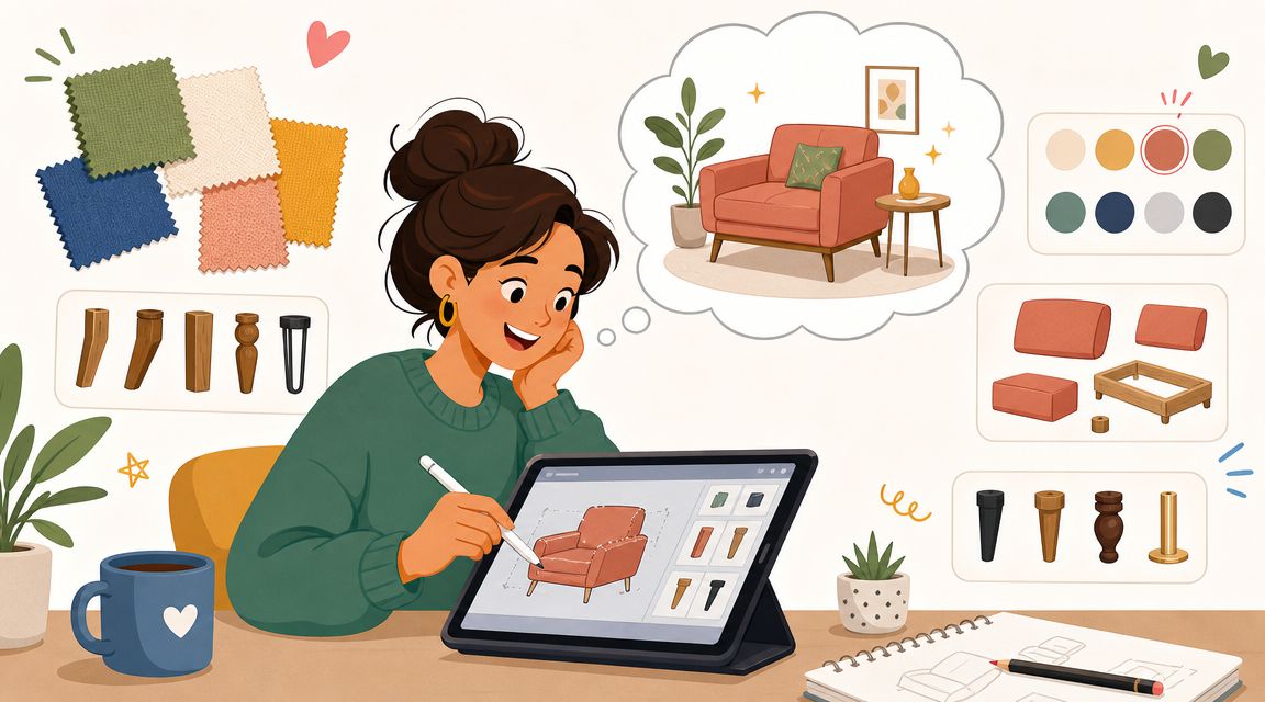 A young woman designing a piece of furniture on a digital tablet with fabric swatches and samples.