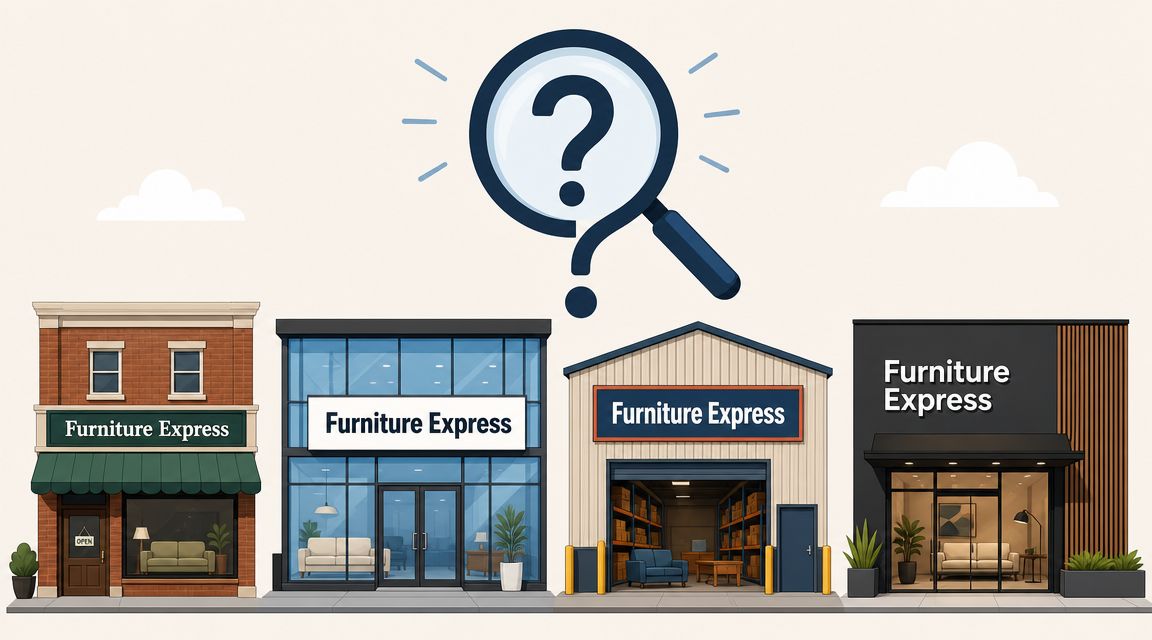 Four different storefronts with the name Furniture Express positioned beneath a large magnifying glass icon.