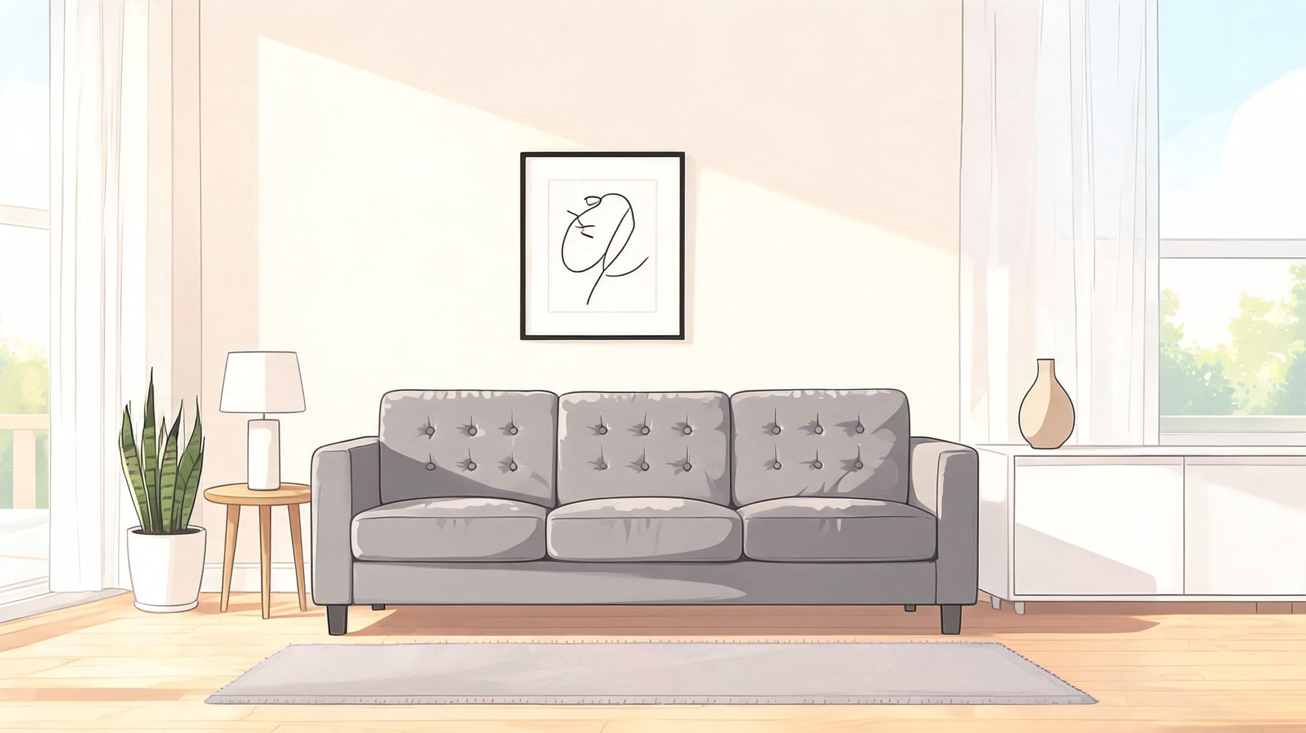 A modern living room featuring a grey tufted sofa, minimalist line art, and a potted houseplant.