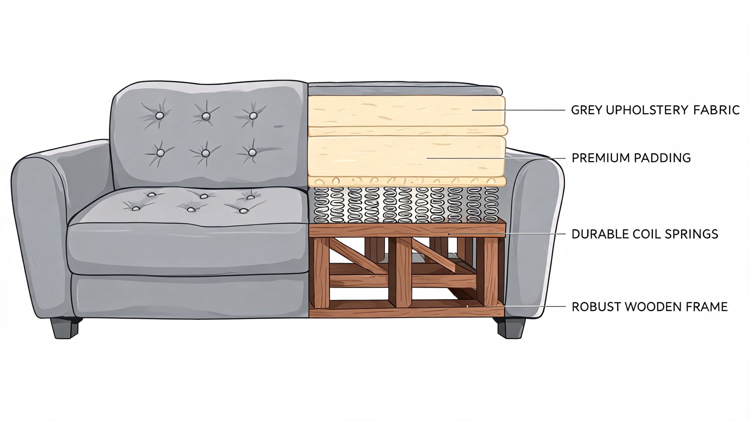 A cutaway illustration of a grey tufted sofa highlighting its fabric, padding, coil springs, and wooden frame construction.