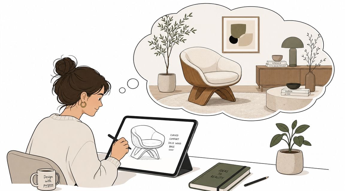 A digital designer sketches a chair on a tablet, imagining a cozy modern living room interior design.