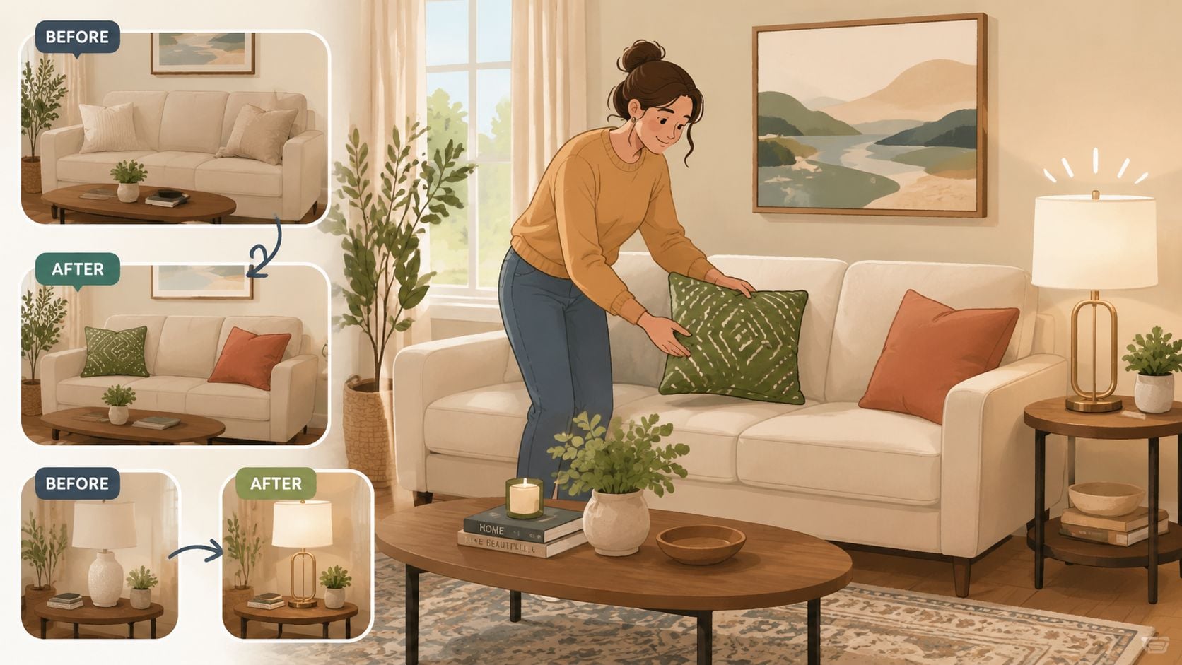 A woman styling a cozy living room with new decorative pillows and an elegant modern table lamp.