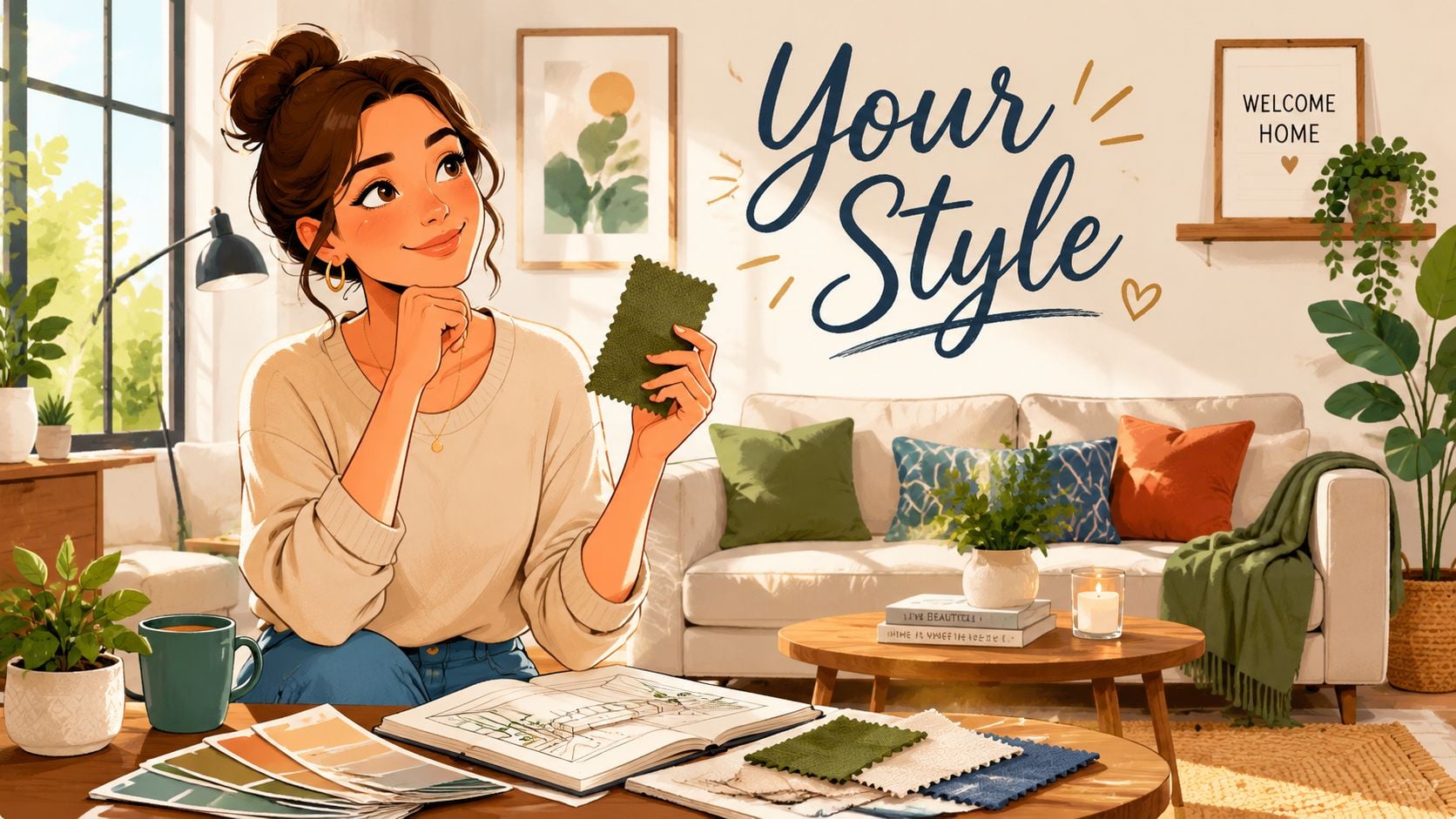 A smiling young woman in a cozy living room reviews fabric swatches while sketching interior design ideas.