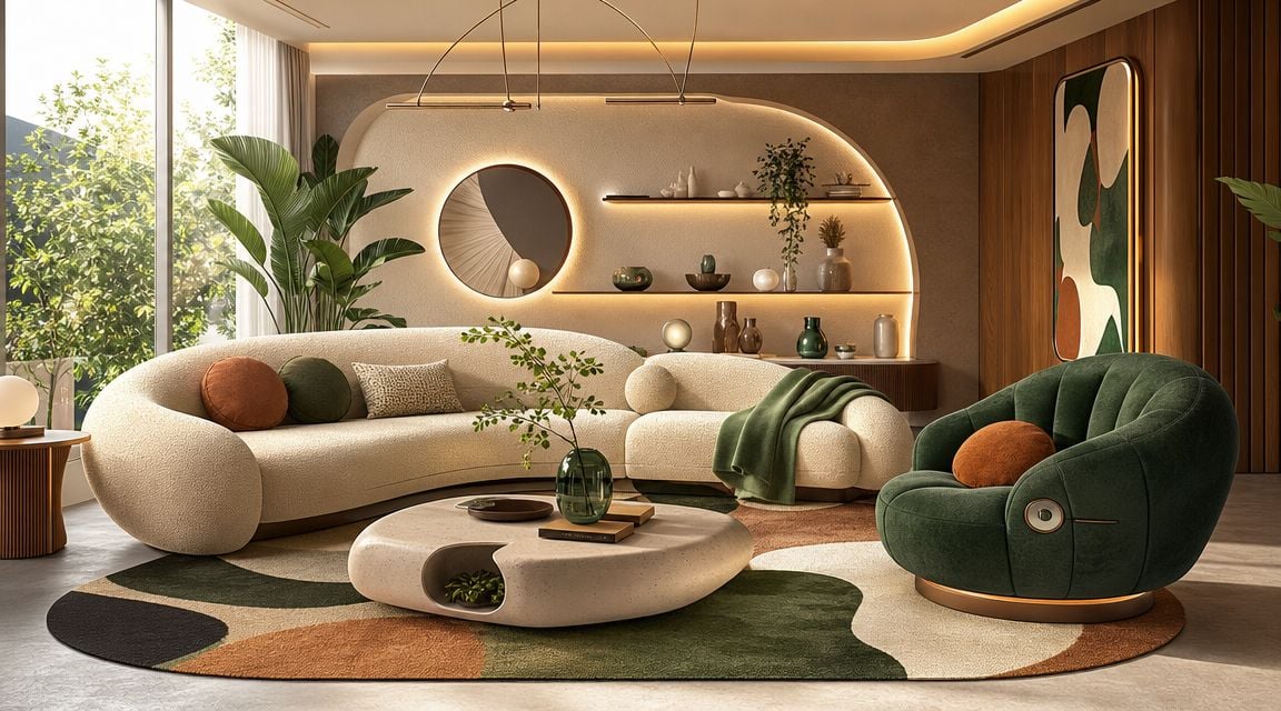 A modern curved white sofa and a plush green armchair in a stylish living room interior.