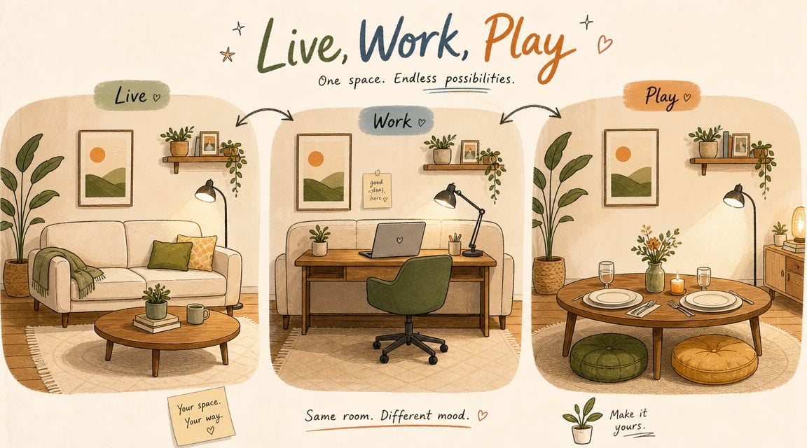 A digital illustration showing a multi-purpose living room transformed for relaxing, working, and dining activities.