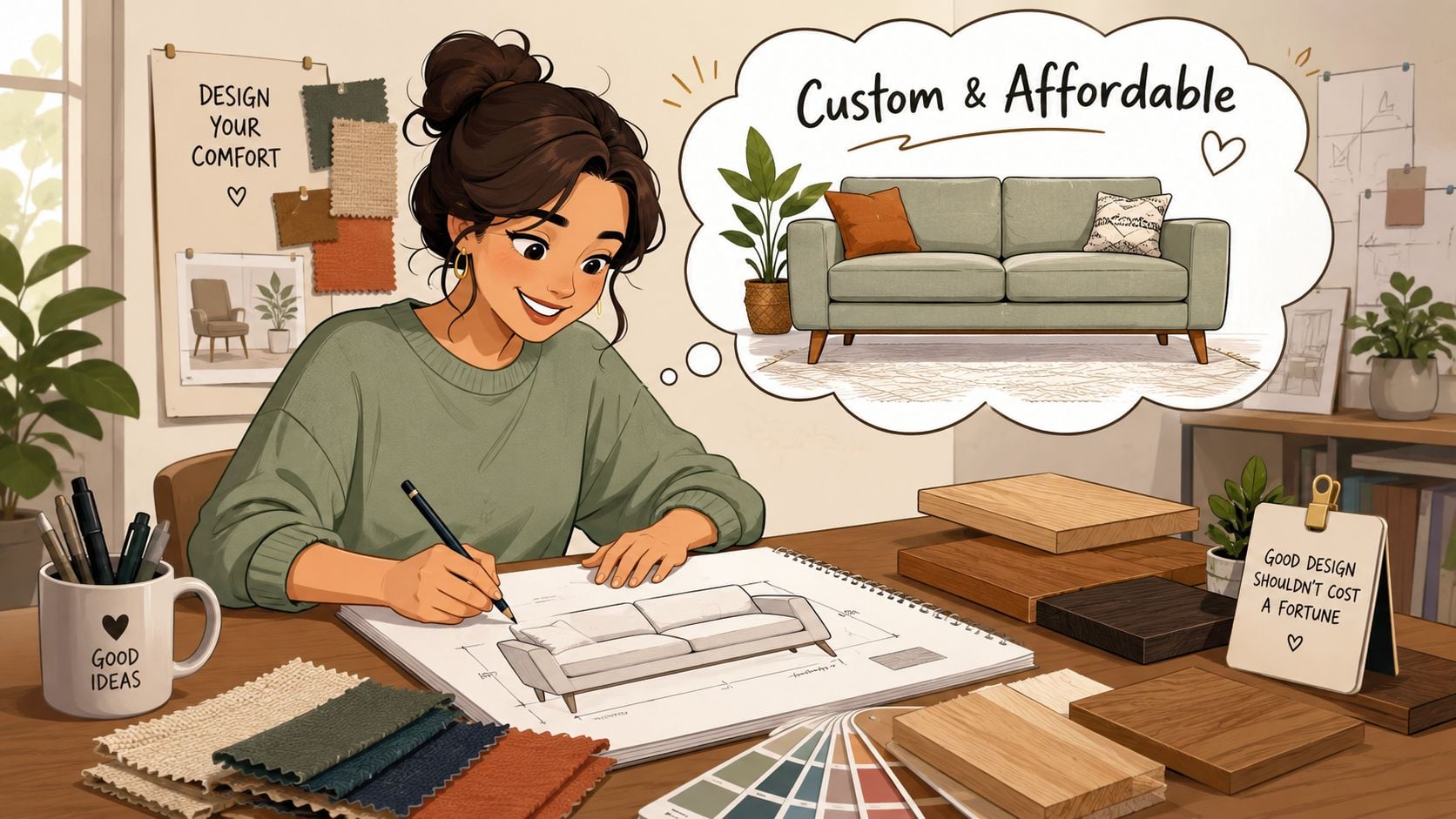 An interior designer sketching a custom sofa design at her desk with fabric and wood samples.