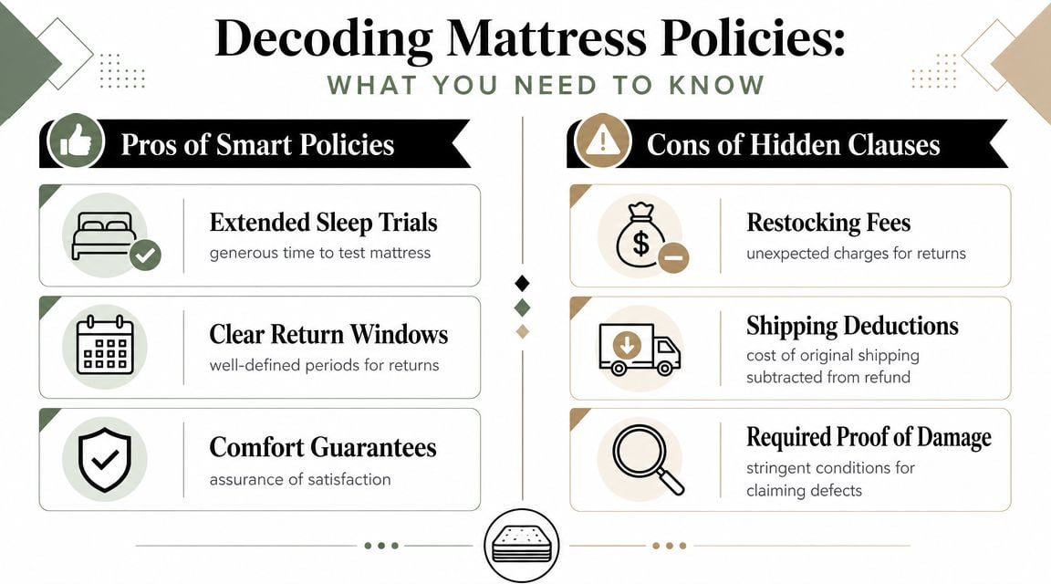 An infographic comparing the pros of smart mattress policies and the cons of hidden return clauses.