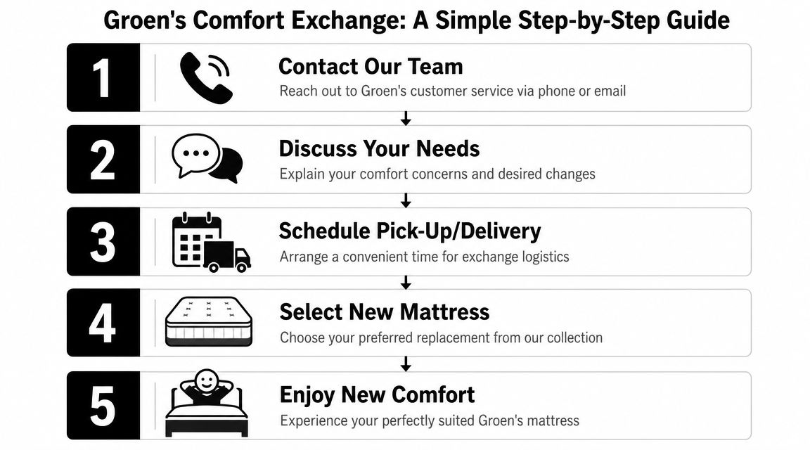 A five-step guide explaining the mattress exchange process with simple icons for each step.