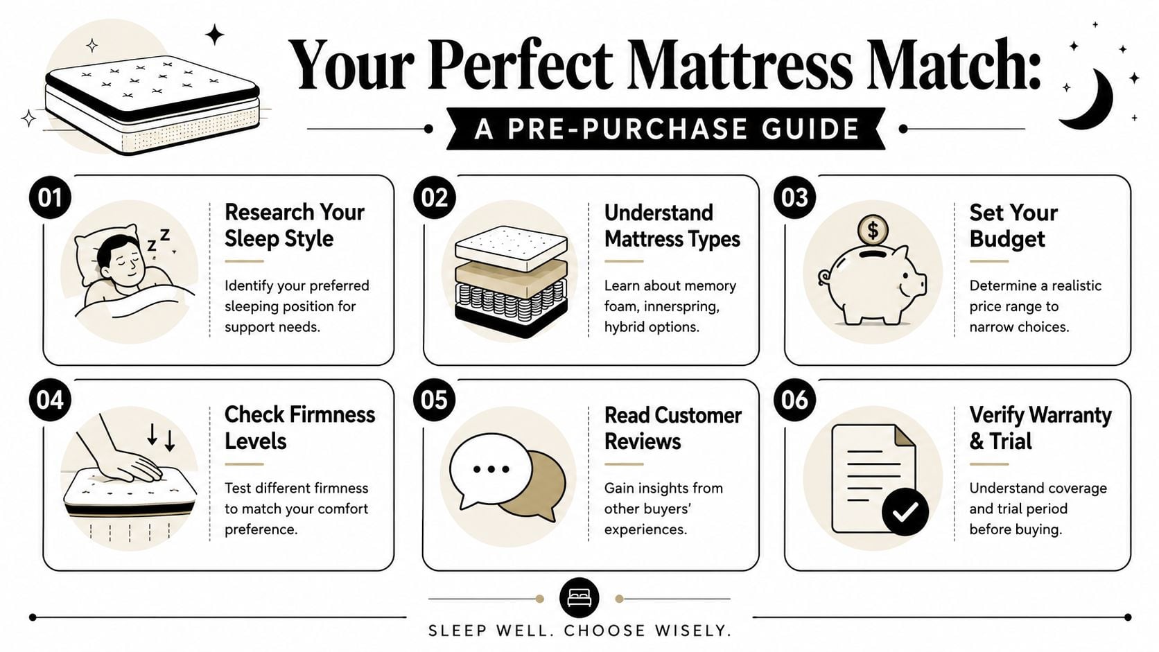 An infographic titled Your Perfect Mattress Match: A Pre-Purchase Guide showing six essential steps for buying a mattress.