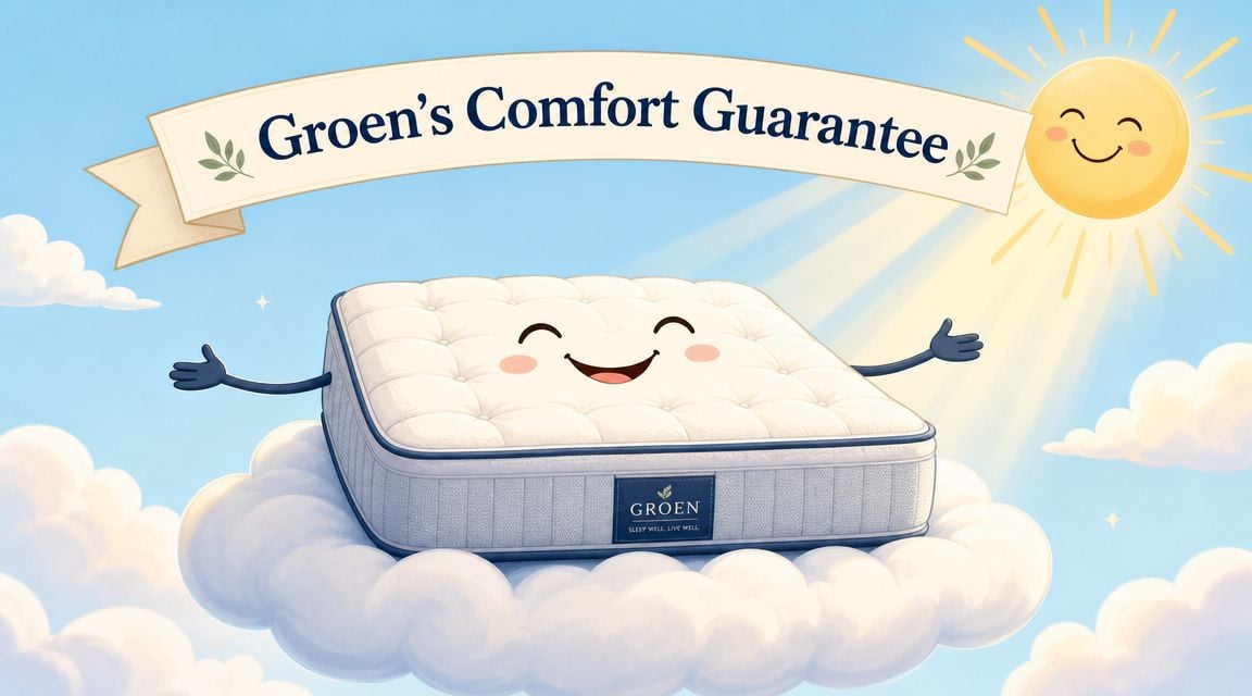 A smiling cartoon mattress resting on a cloud with a happy sun under a comfort guarantee banner.