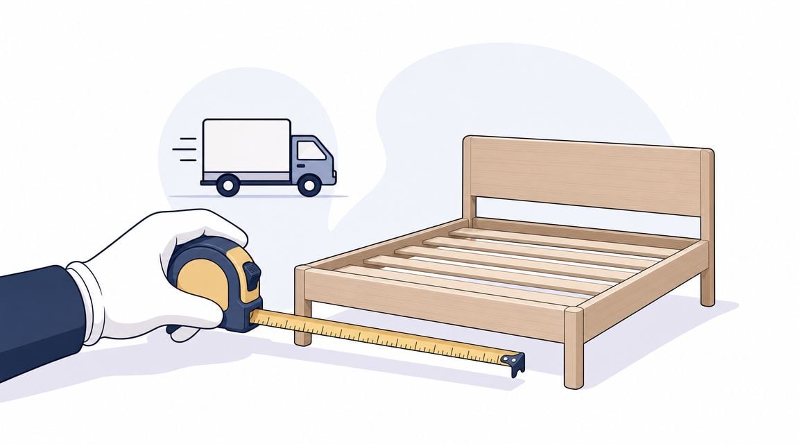 A hand in a white glove using a tape measure to measure a wooden bed frame.