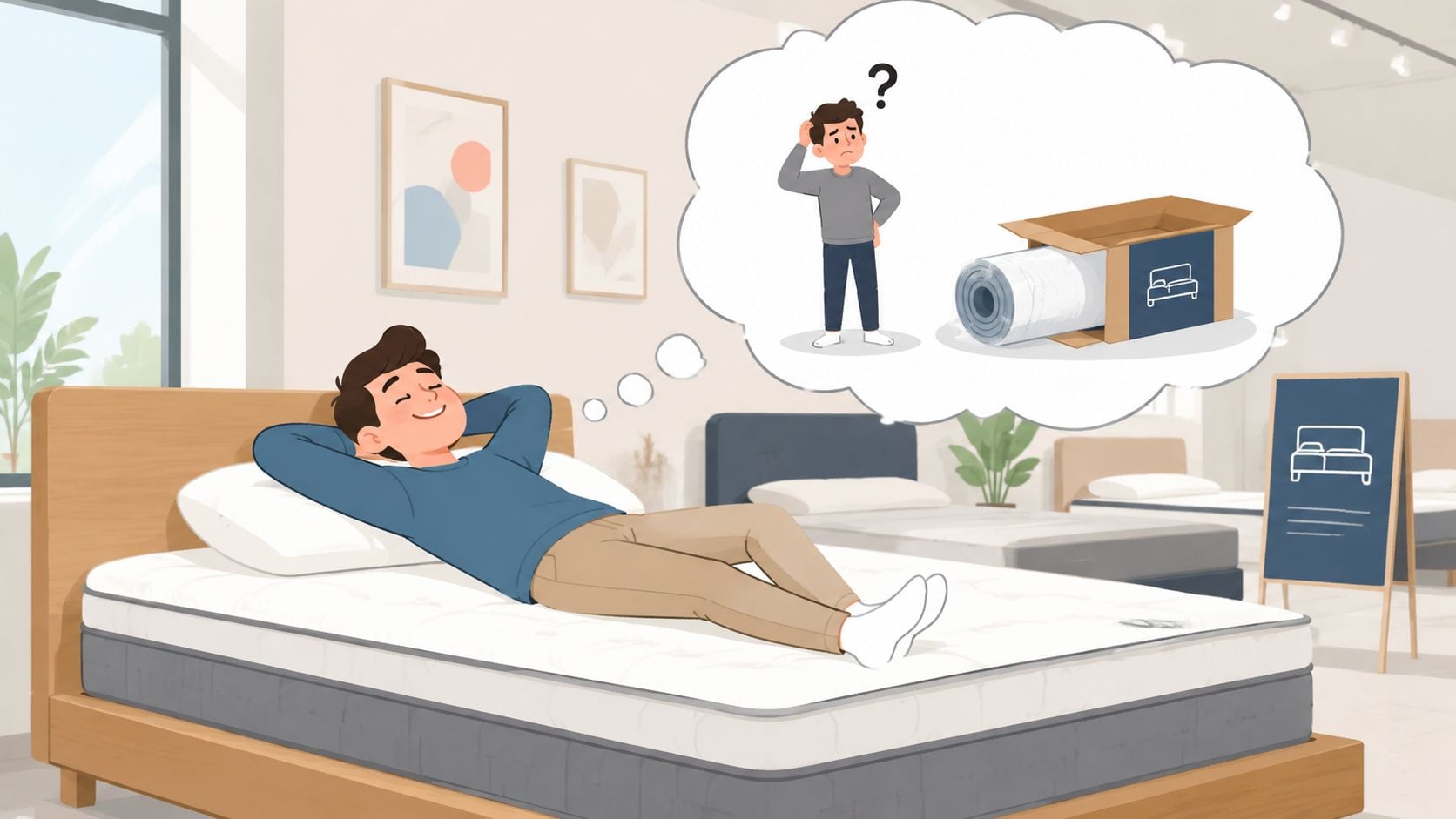 A happy man lying on a store mattress while imagining a rolled-up mattress in a shipping box.