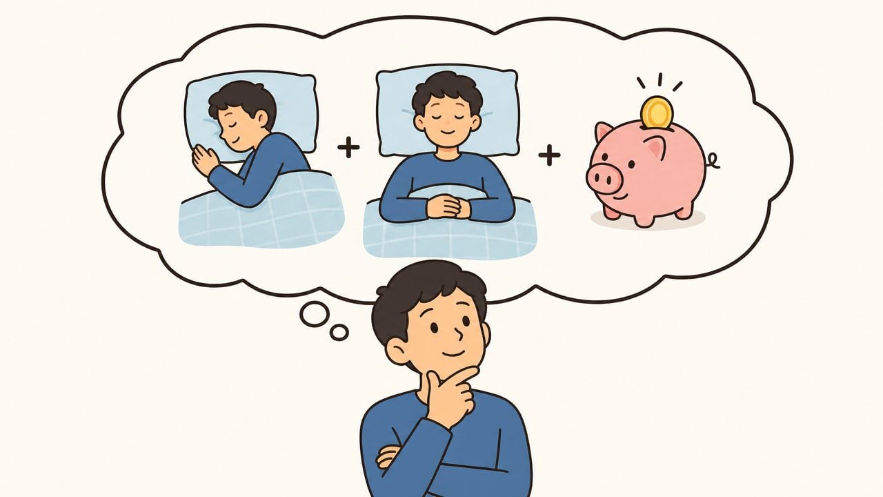 A man thinking about sleeping on a comfortable mattress and saving money on his purchase.