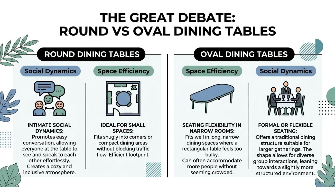 A comparison infographic between round and oval dining tables detailing their social dynamics and space efficiency benefits.