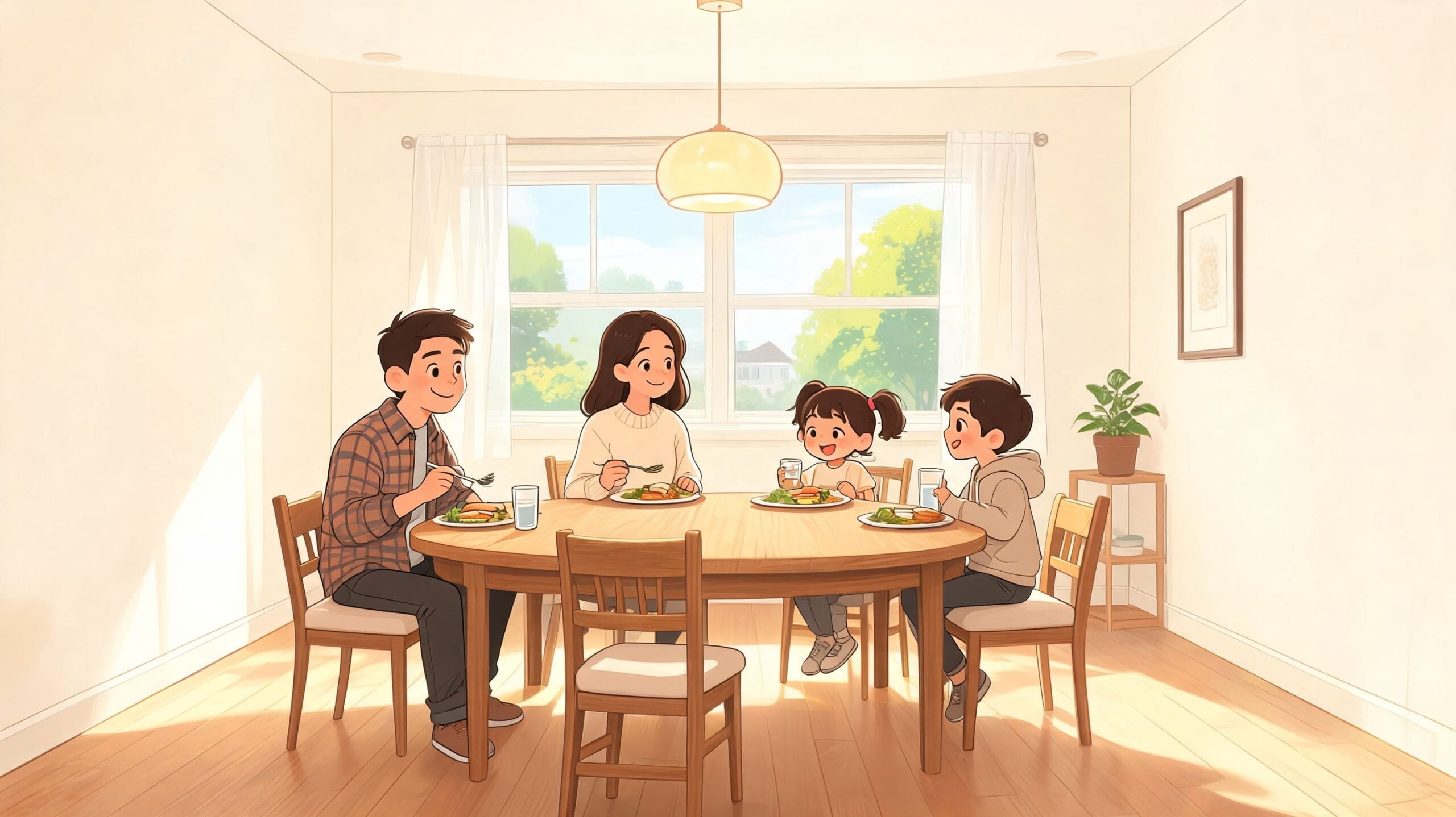 A happy family eating dinner together around a wooden round dining table in a bright home.