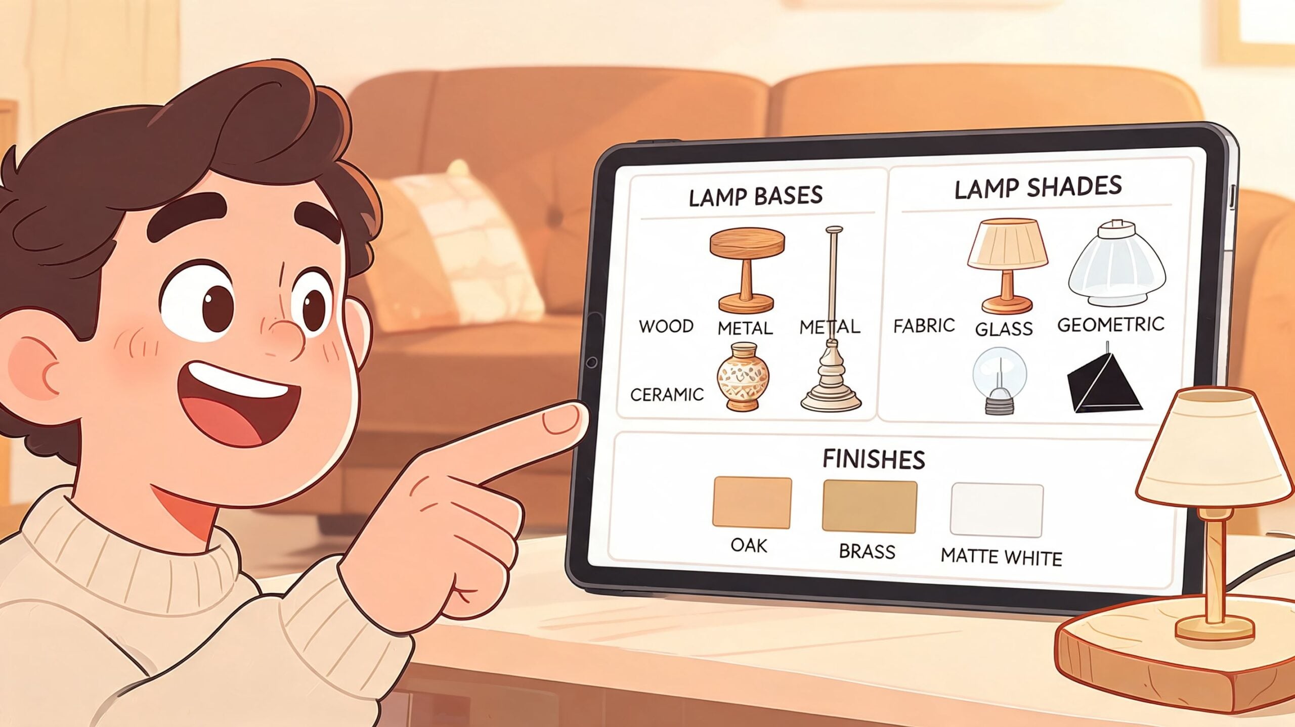 A happy child pointing at a tablet screen displaying various lamp bases, shades, and finishes for furniture design.