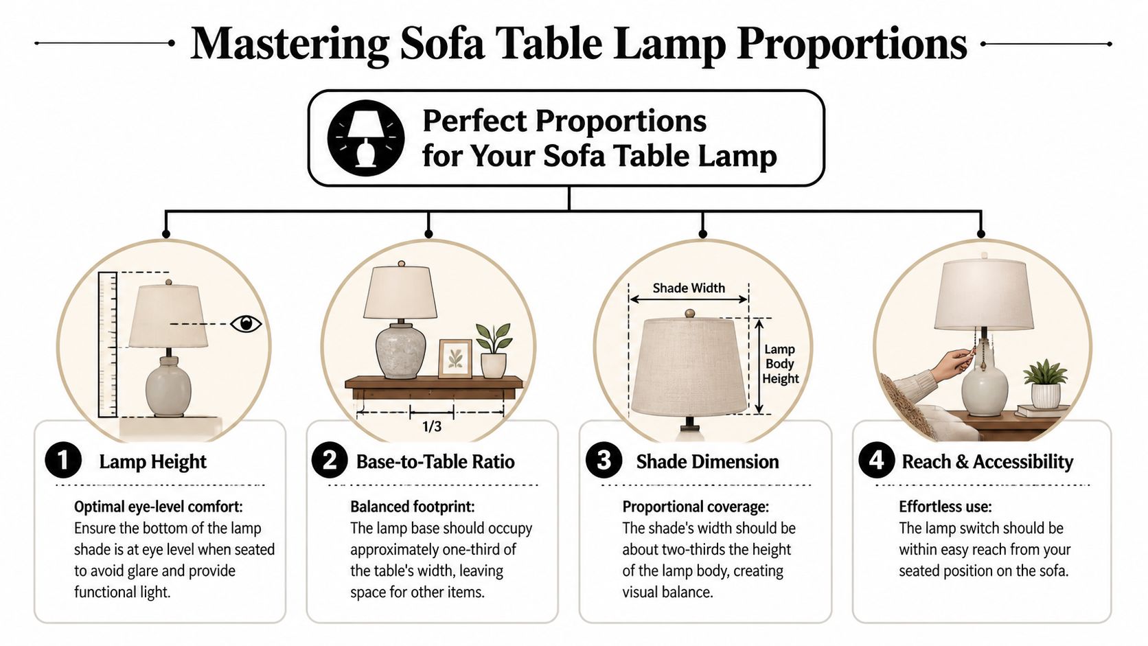 An infographic showing four guidelines for selecting the perfect size and proportions for a sofa table lamp.