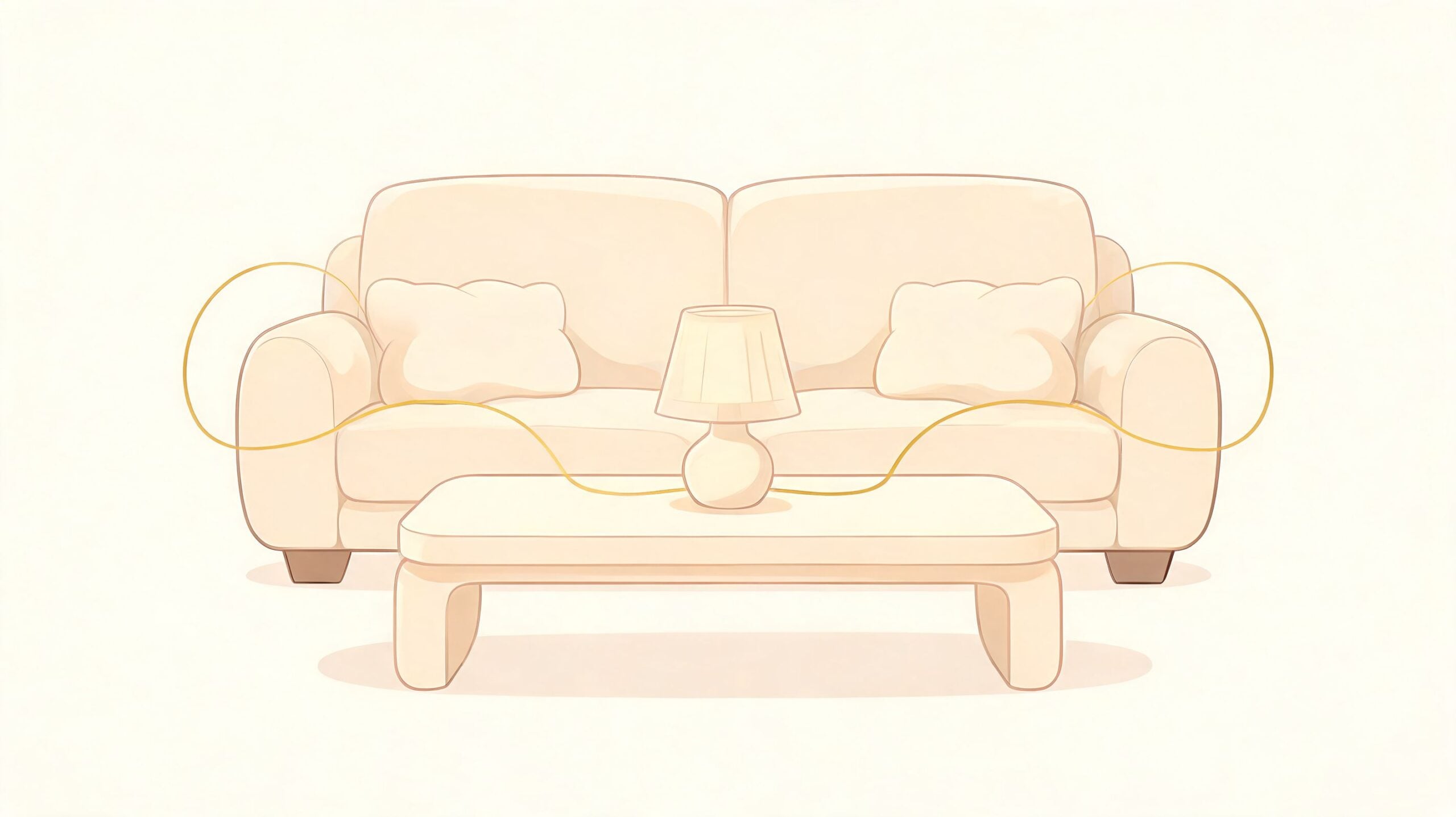 A digital illustration of a comfortable beige sofa with a matching coffee table and a central lamp.