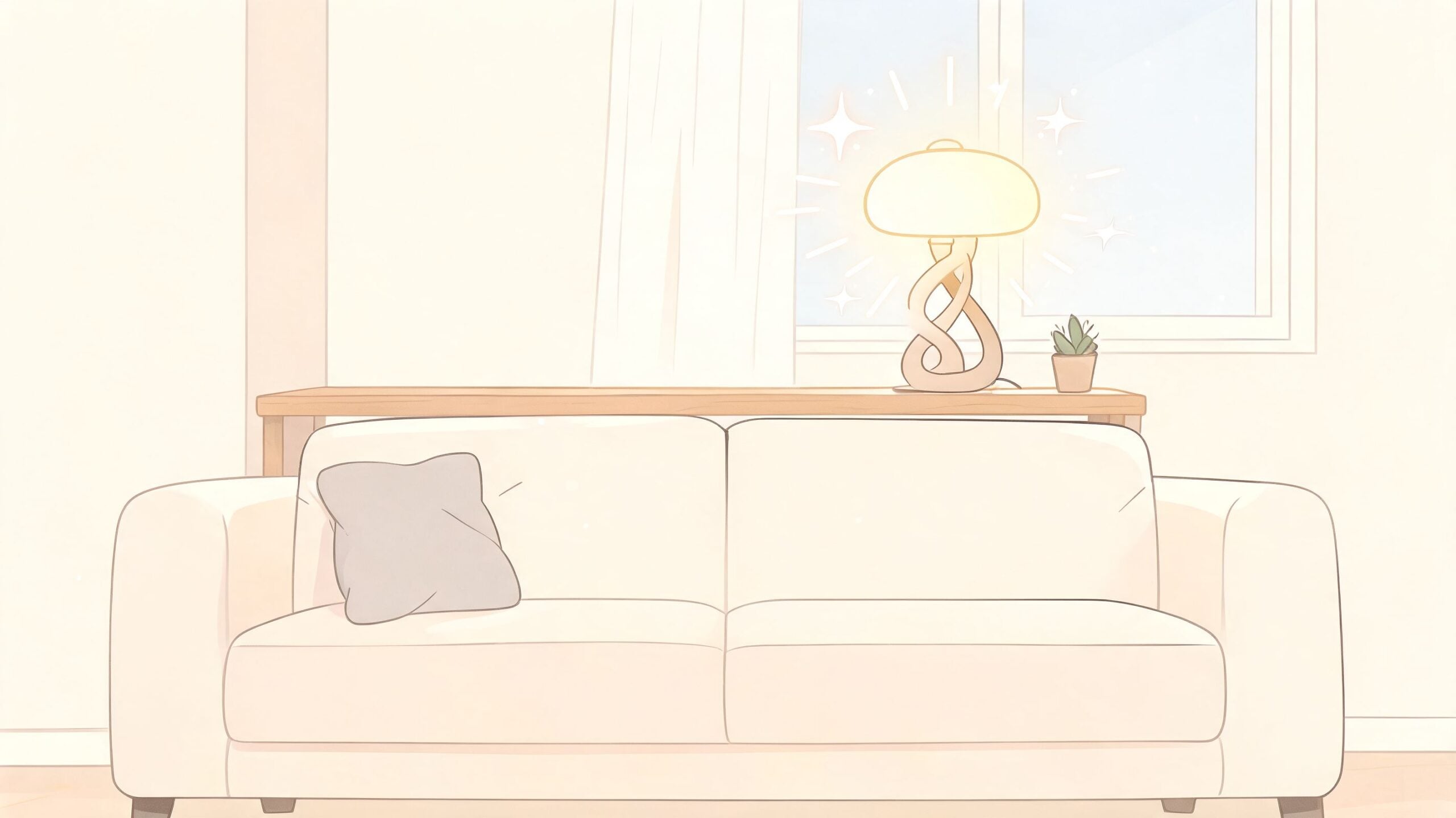 A minimalist living room featuring a cozy white sofa, a wooden console table, and a glowing table lamp.