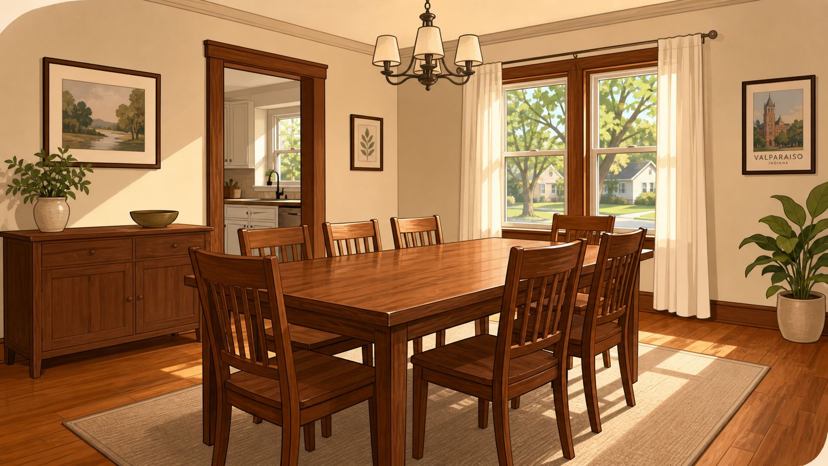 A warm and inviting dining room featuring an 84 dining table, wooden furniture, and bright sunlit windows.