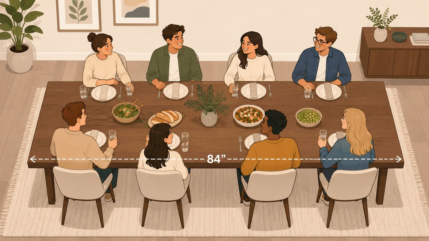 A group of friends sitting around an 84-inch wooden dining table enjoying a dinner party together.