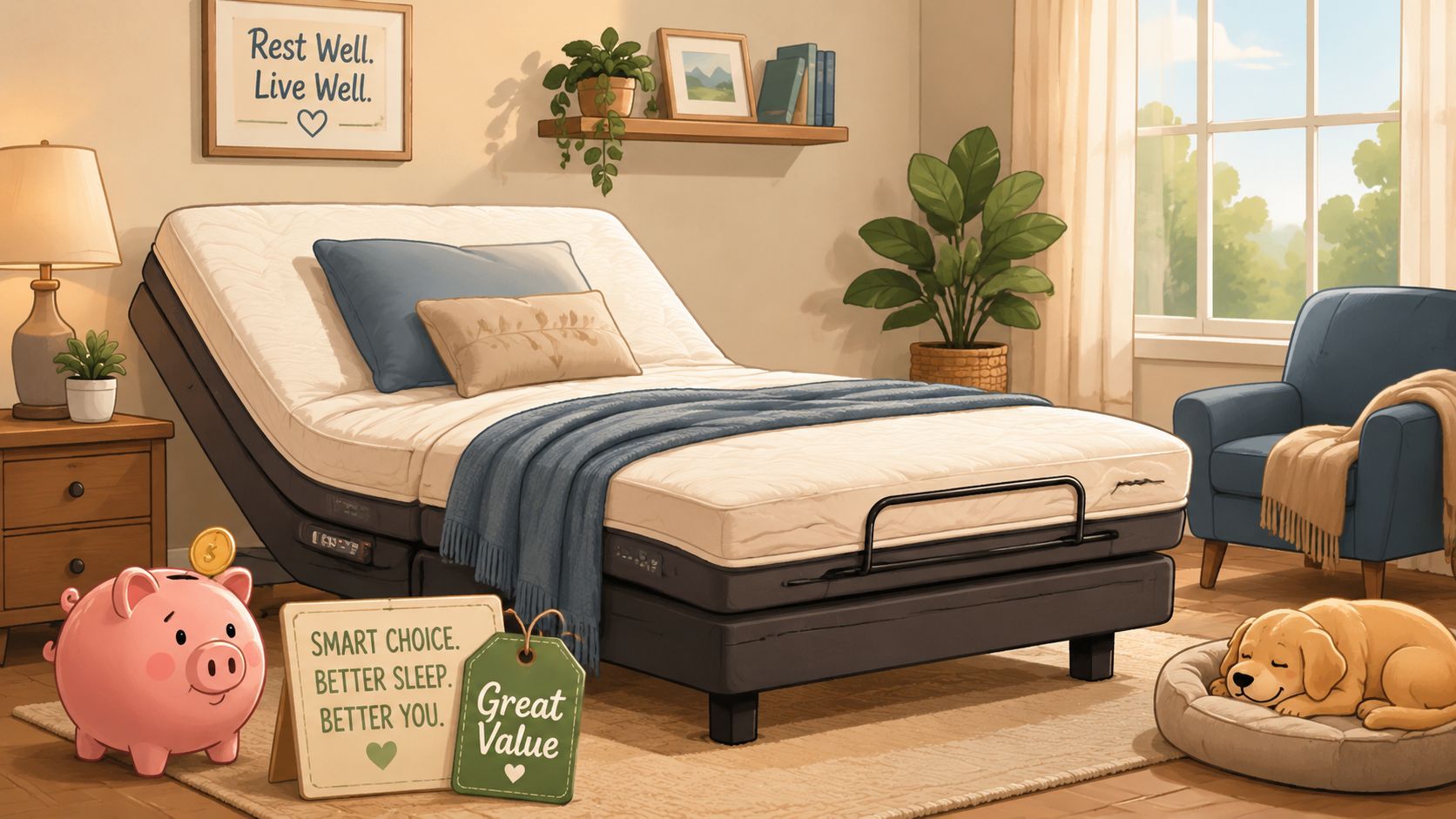 An adjustable bed in a cozy bedroom with a piggy bank, sleeping puppy, and a motivational sign.