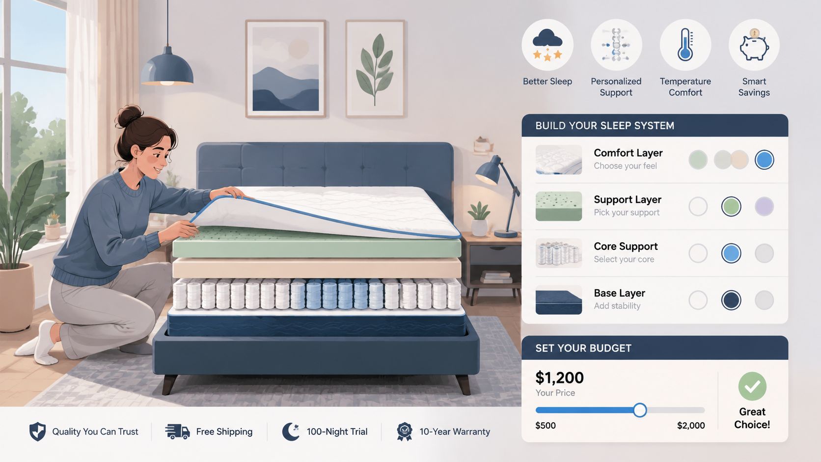 A woman customizing a layered mattress on an interactive interface to find her ideal sleep system configuration.