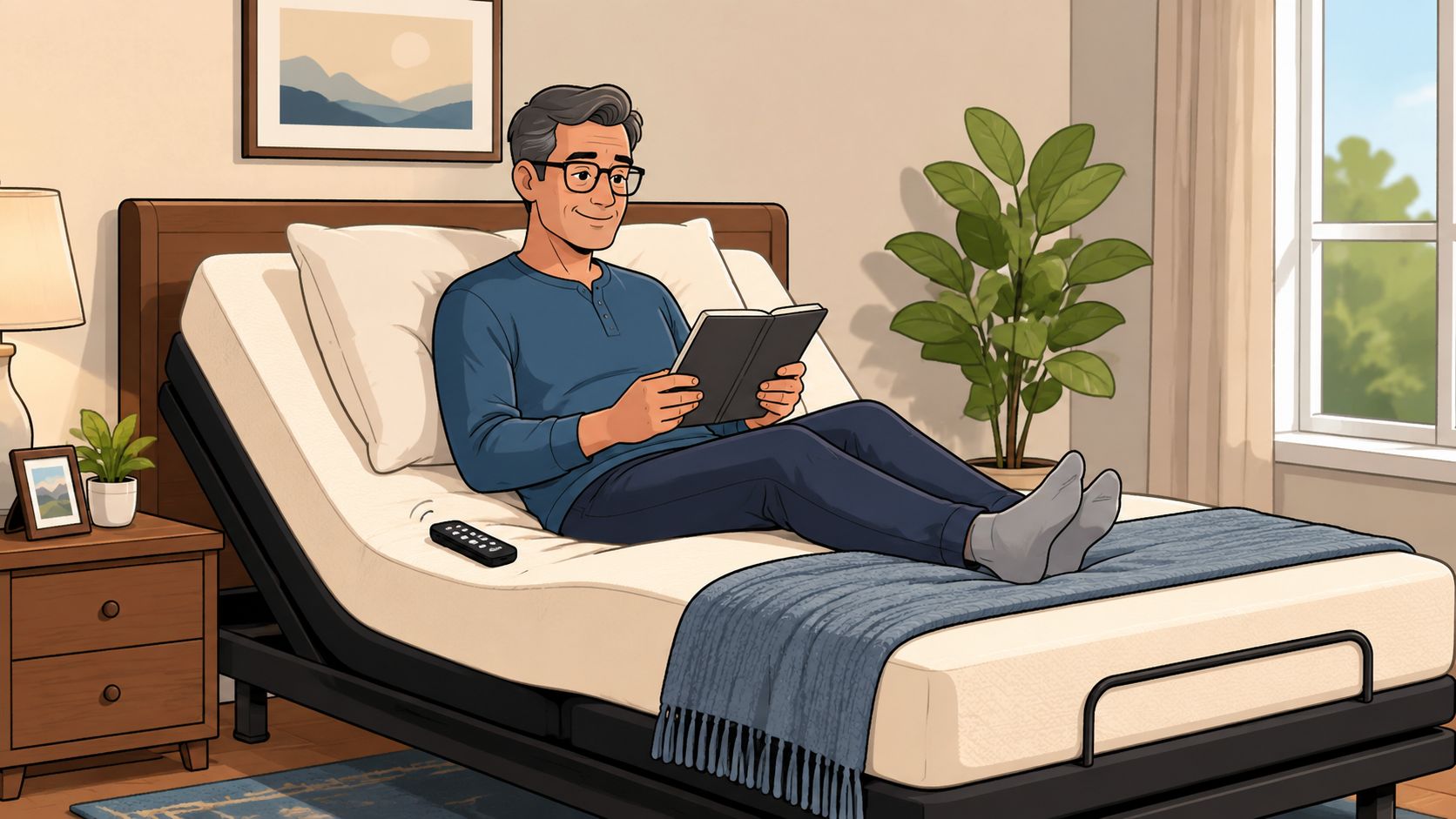 A middle-aged man reading a book while resting comfortably on an adjustable bed in a bedroom.