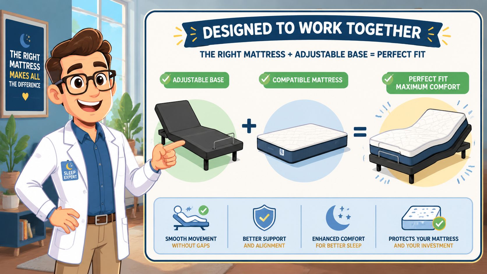 A sleep expert illustration explaining how an adjustable base and compatible mattress work together for comfort.