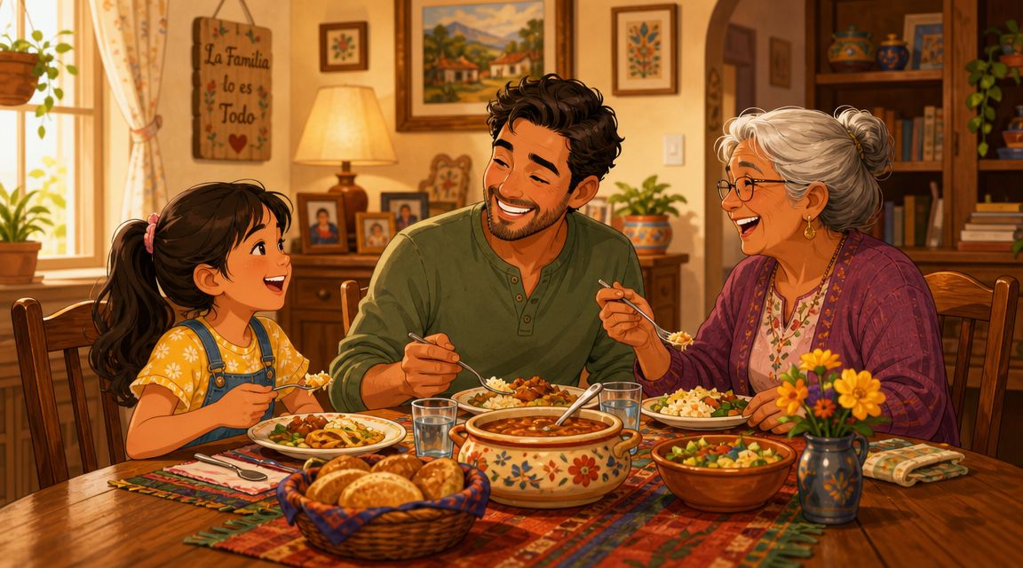A happy multi-generational family eating a meal together at their amish dining table chairs at home.