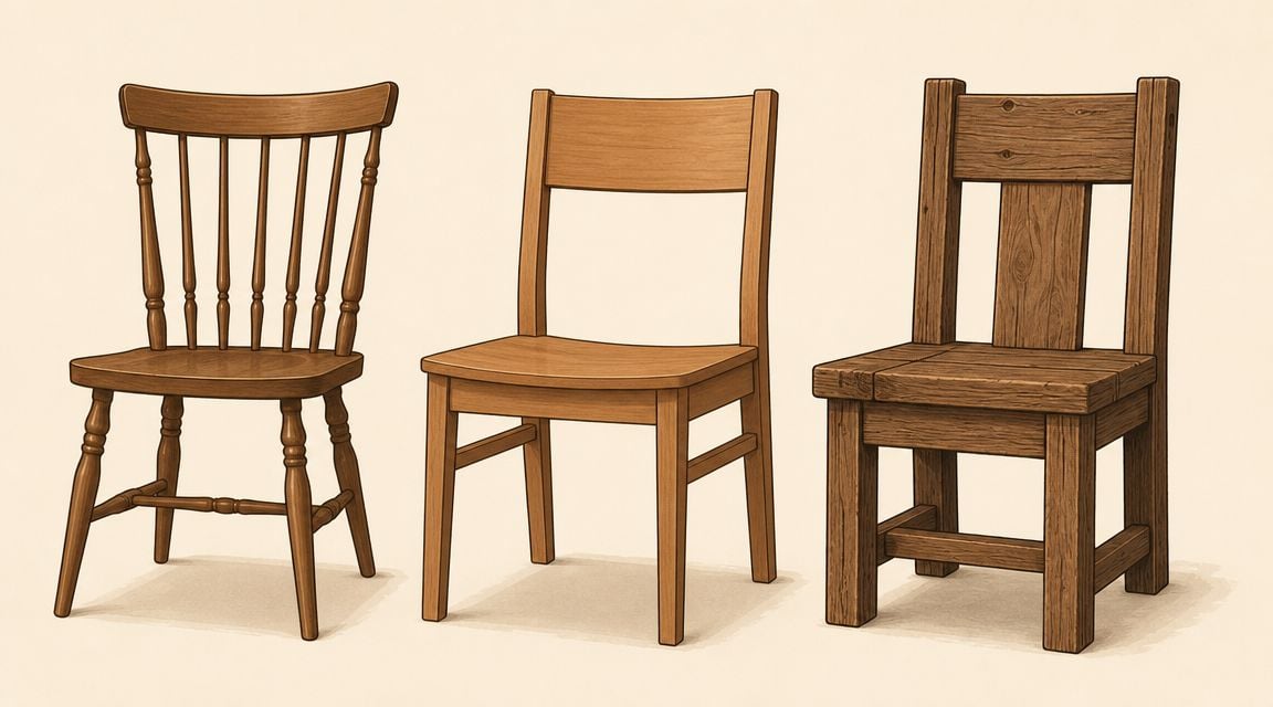 Three different wooden dining chairs arranged in a row against a plain cream background.