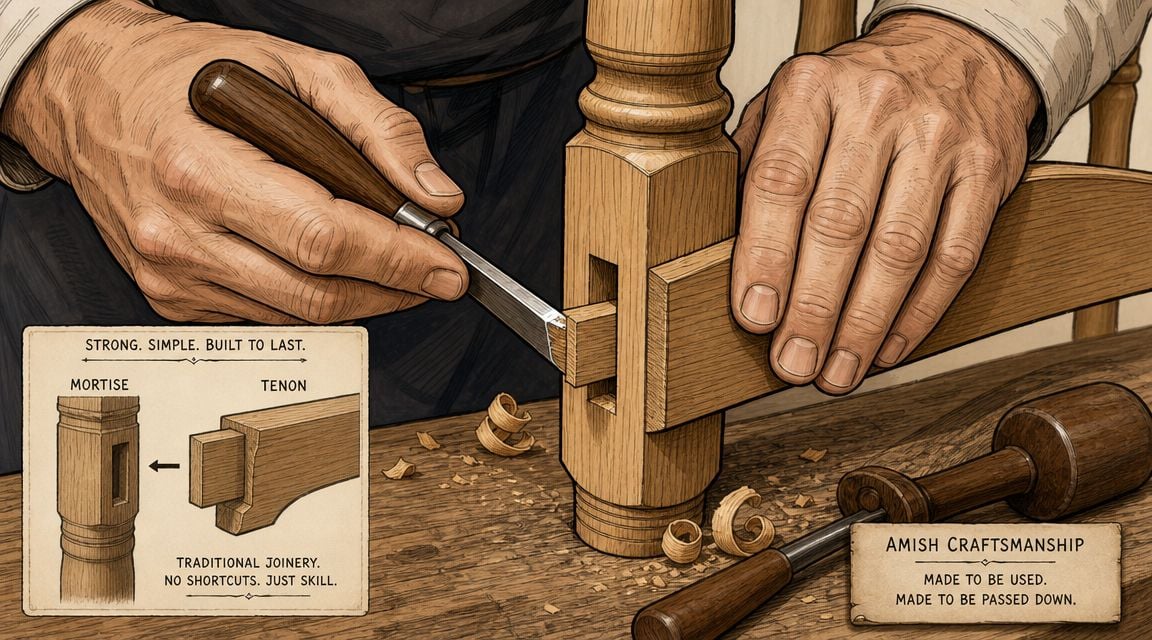 Close-up of a woodworker hand carving a traditional mortise and tenon joint into furniture.