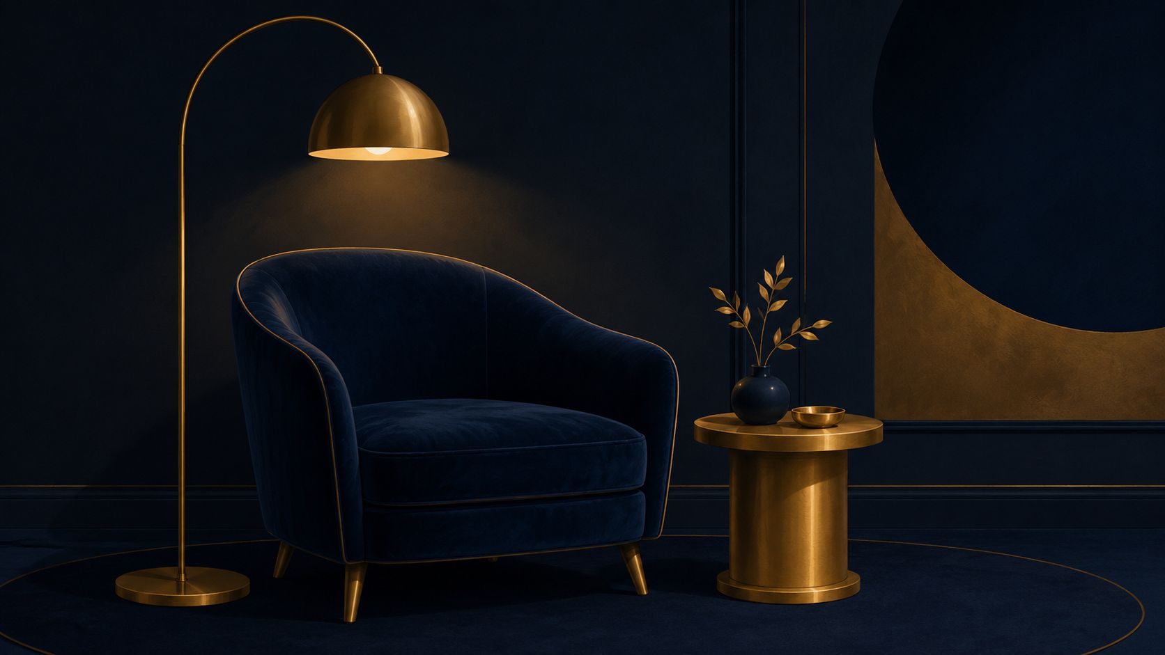A luxurious navy blue armchair next to a gold side table and floor lamp in elegant interior.