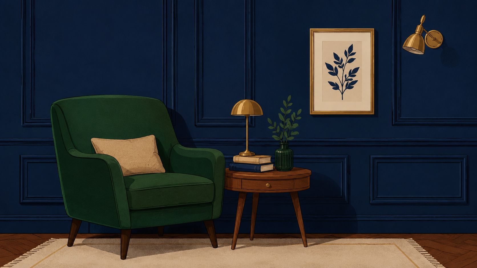 A green armchair sits beside a wooden side table with a lamp and plant against a navy wall.